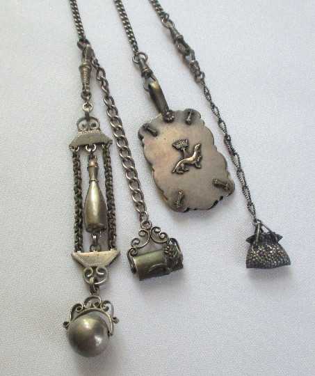 Vintage Fleur de Lis Belt Hook Chatelaine with Chains and Attachments