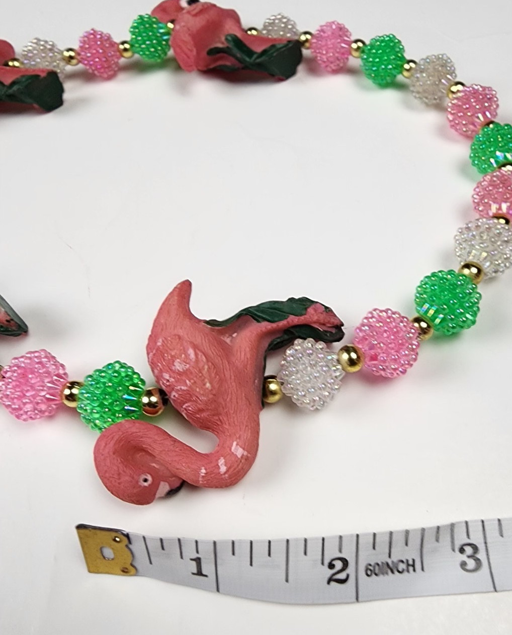 VTG Pastel Resin POPCORN Beaded Flamingo Necklace Pink Green FUN witty Wear