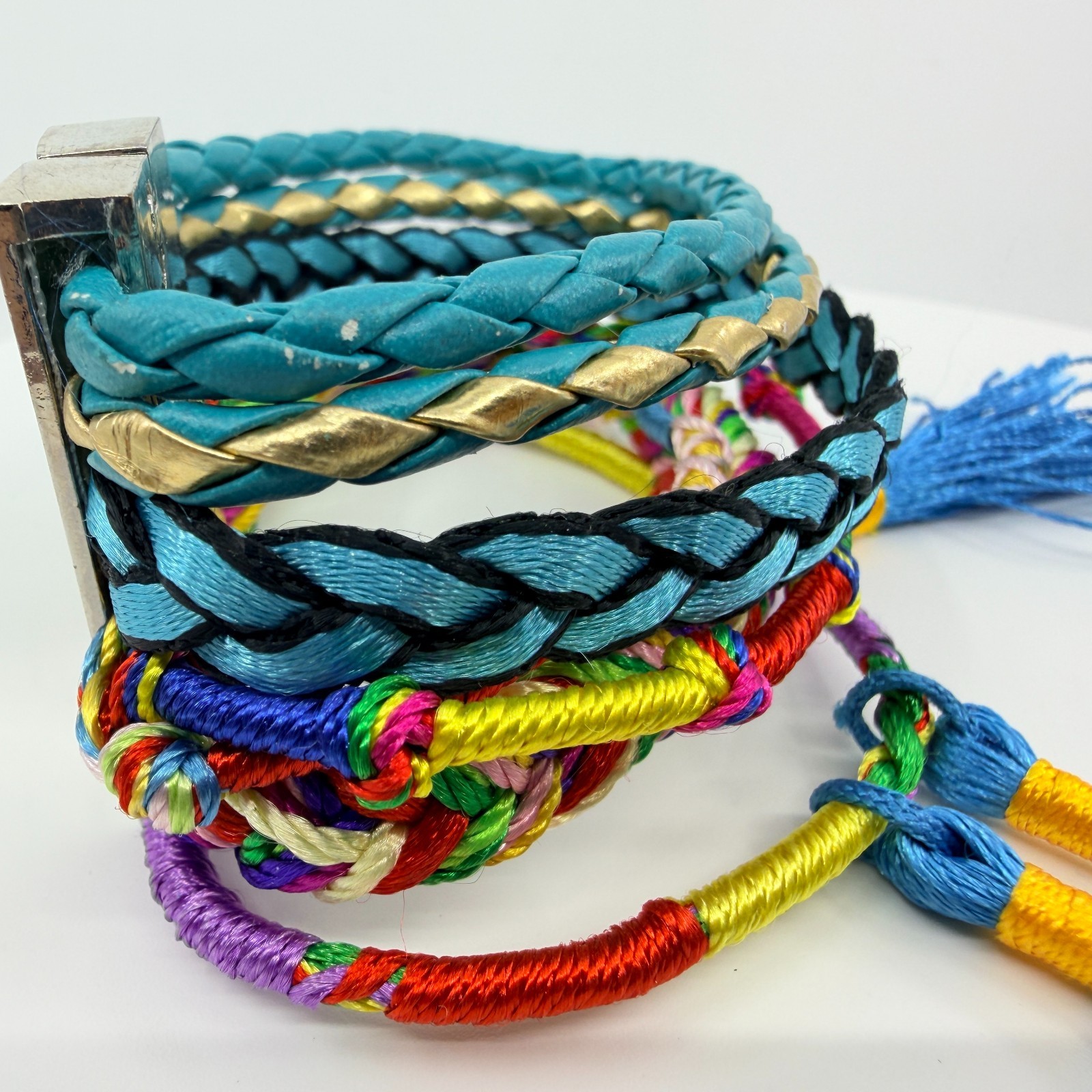 Vintage Blue Teal Multi Strand Braided Wrap Bracelet Tassels Magnetic Clasp Boho