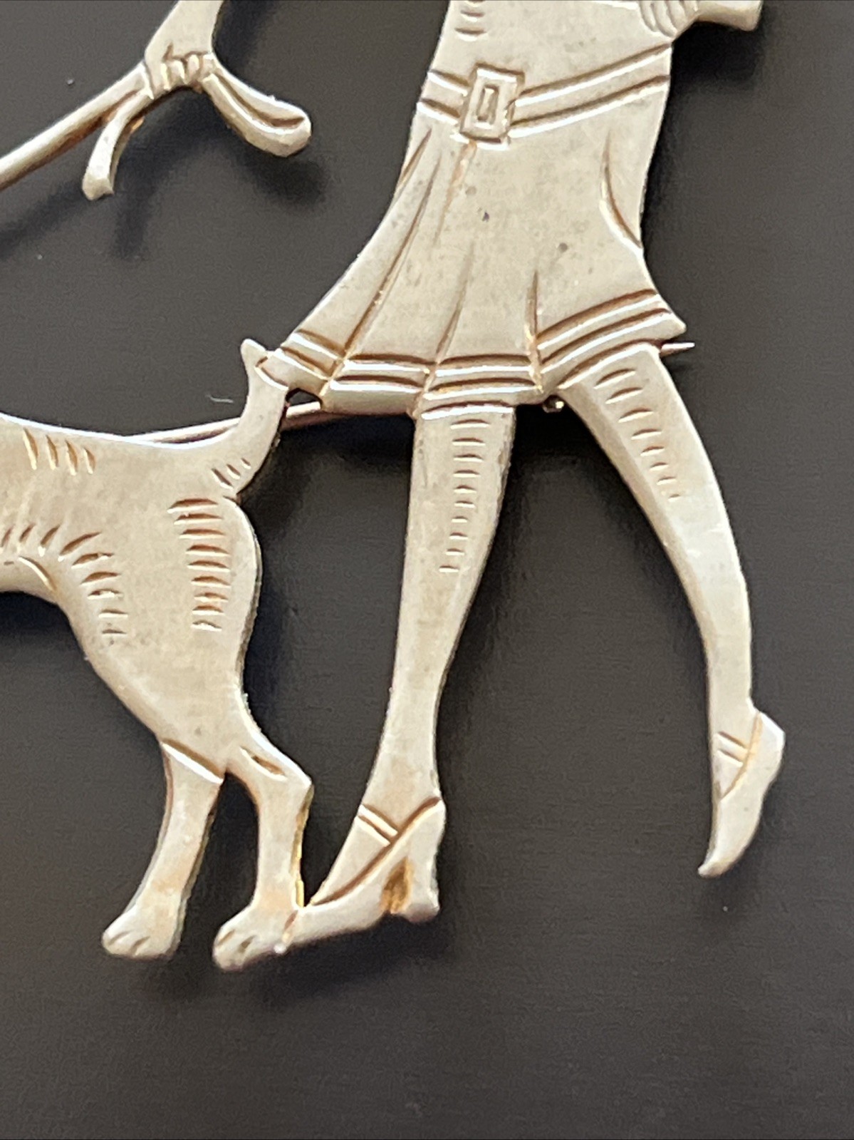 RARE Vogue ART DECO 1920s Vintage CHROME Lady Walking DOG Brooch PIN