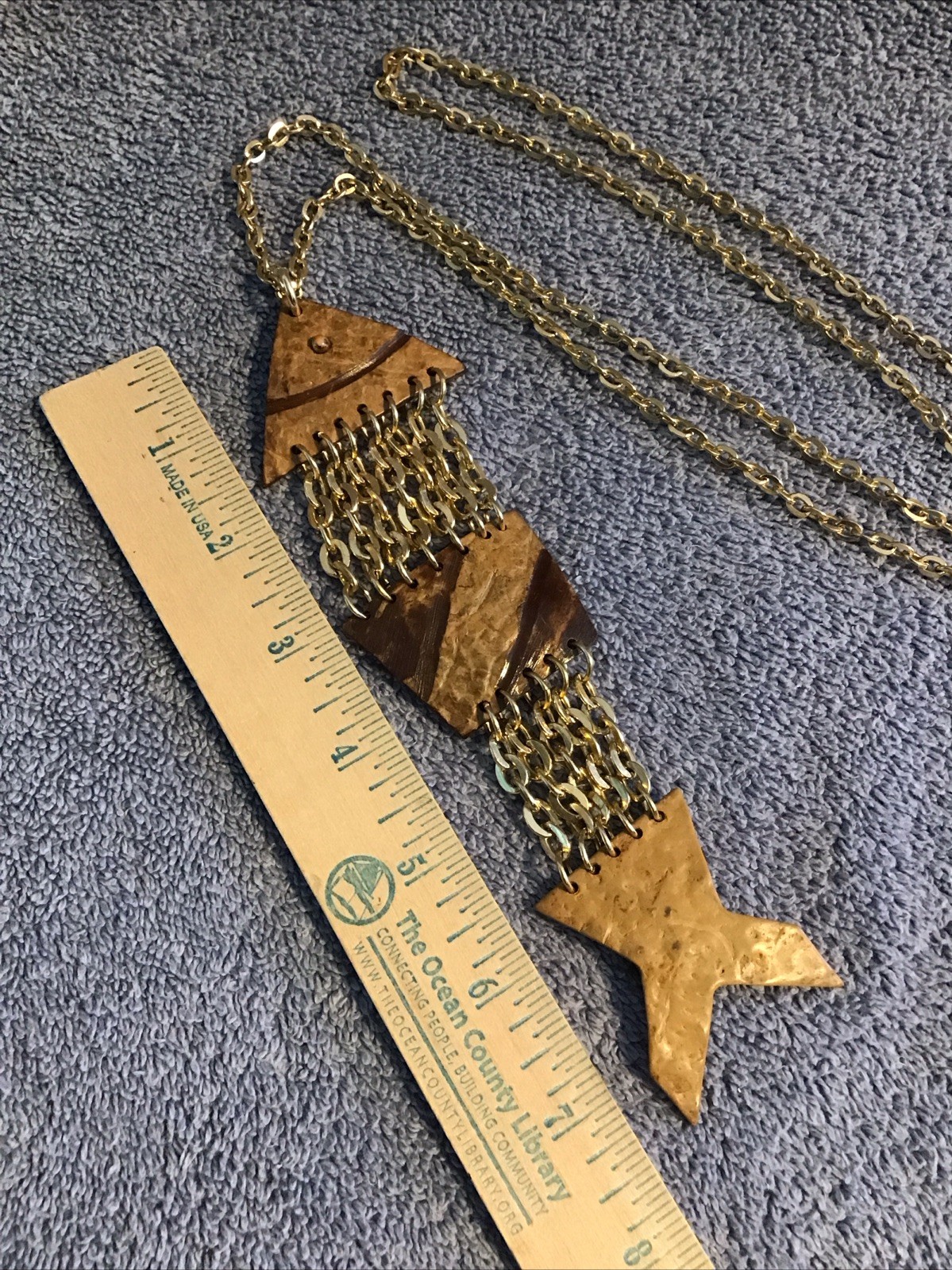 Vtg Fish Necklace HUGE Gold Tone Chain Link ARTICULATED Scales Nautical Beach