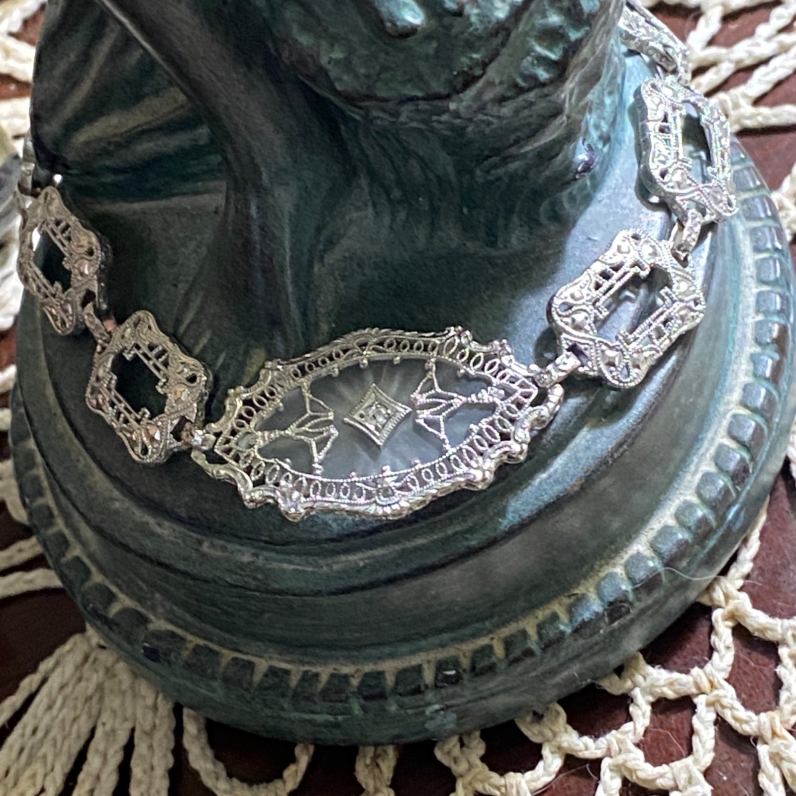 10K White Gold Camphor Glass Diamond Art Deco Filigree Bracelet 7.5″