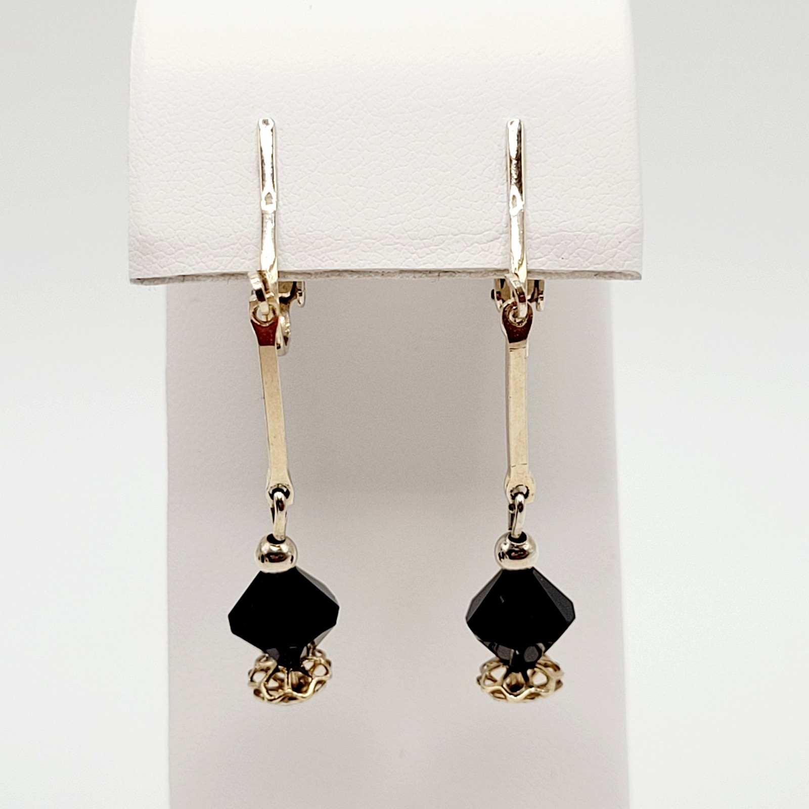 Minimalist Art Deco Drops Black Bicone Crystal Gold Tone Vtg Clip On Earrings