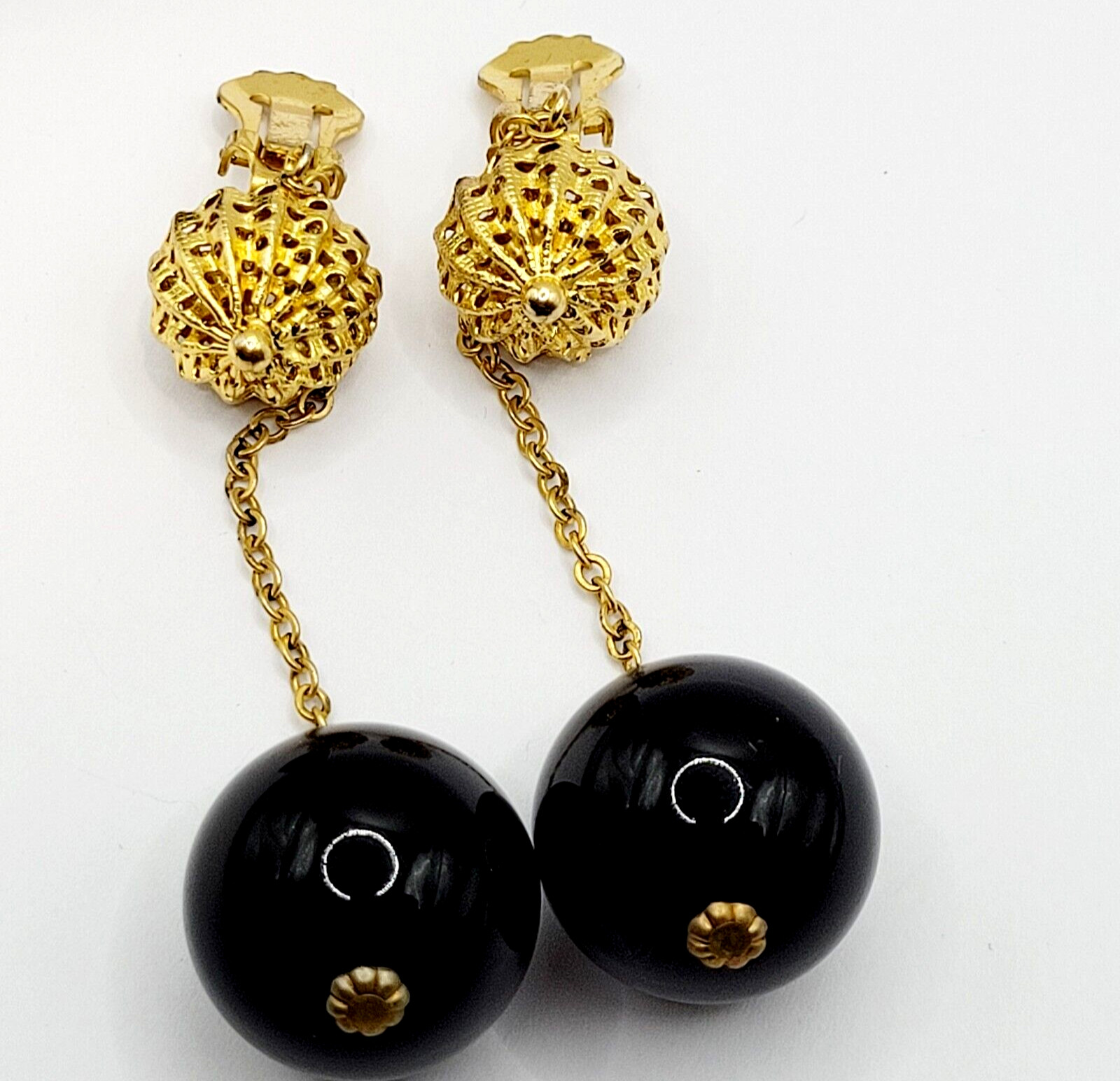 DeNicola Black Ball & Chain Long Drop Dangle Runway Gold Tone Clip On Earrings