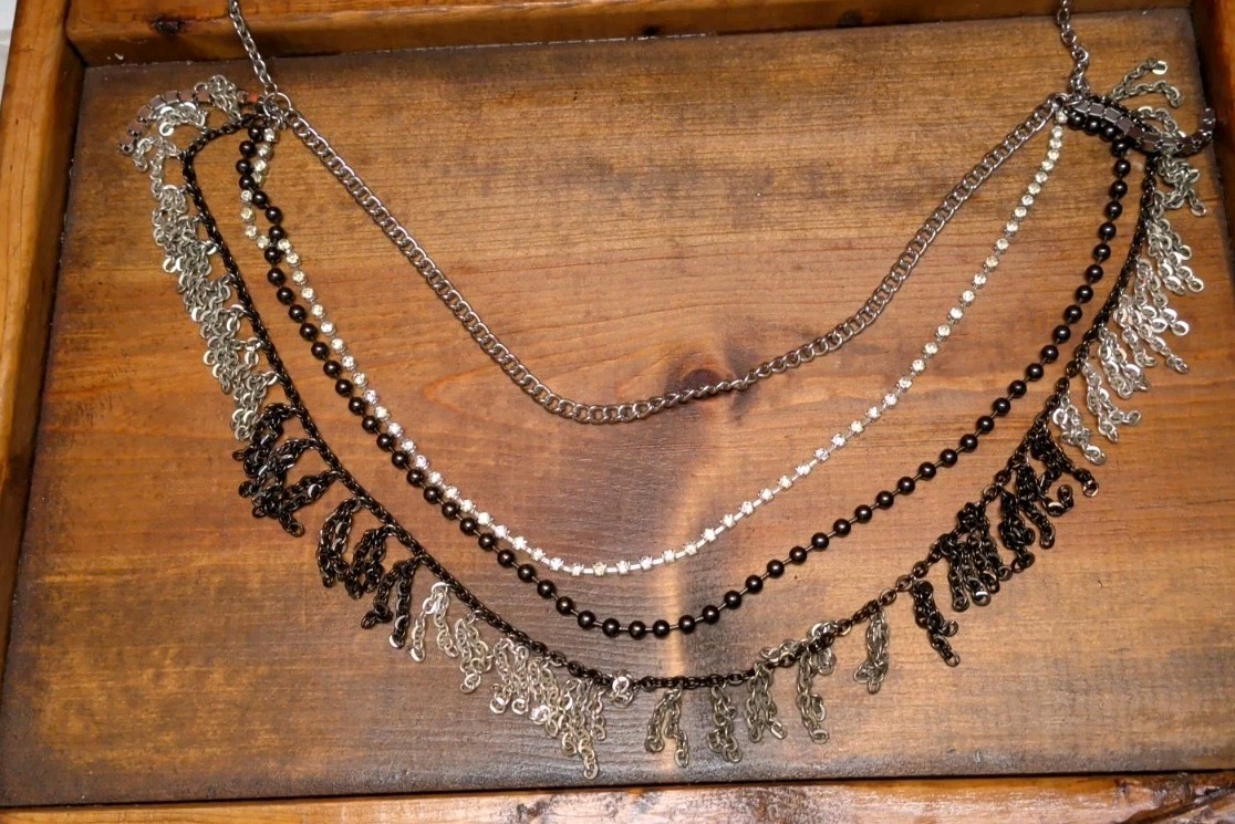 VTG Rock Punk Gothic 4 Layers Blk, Silver, Rhinestone, Fringe, Chain necklace