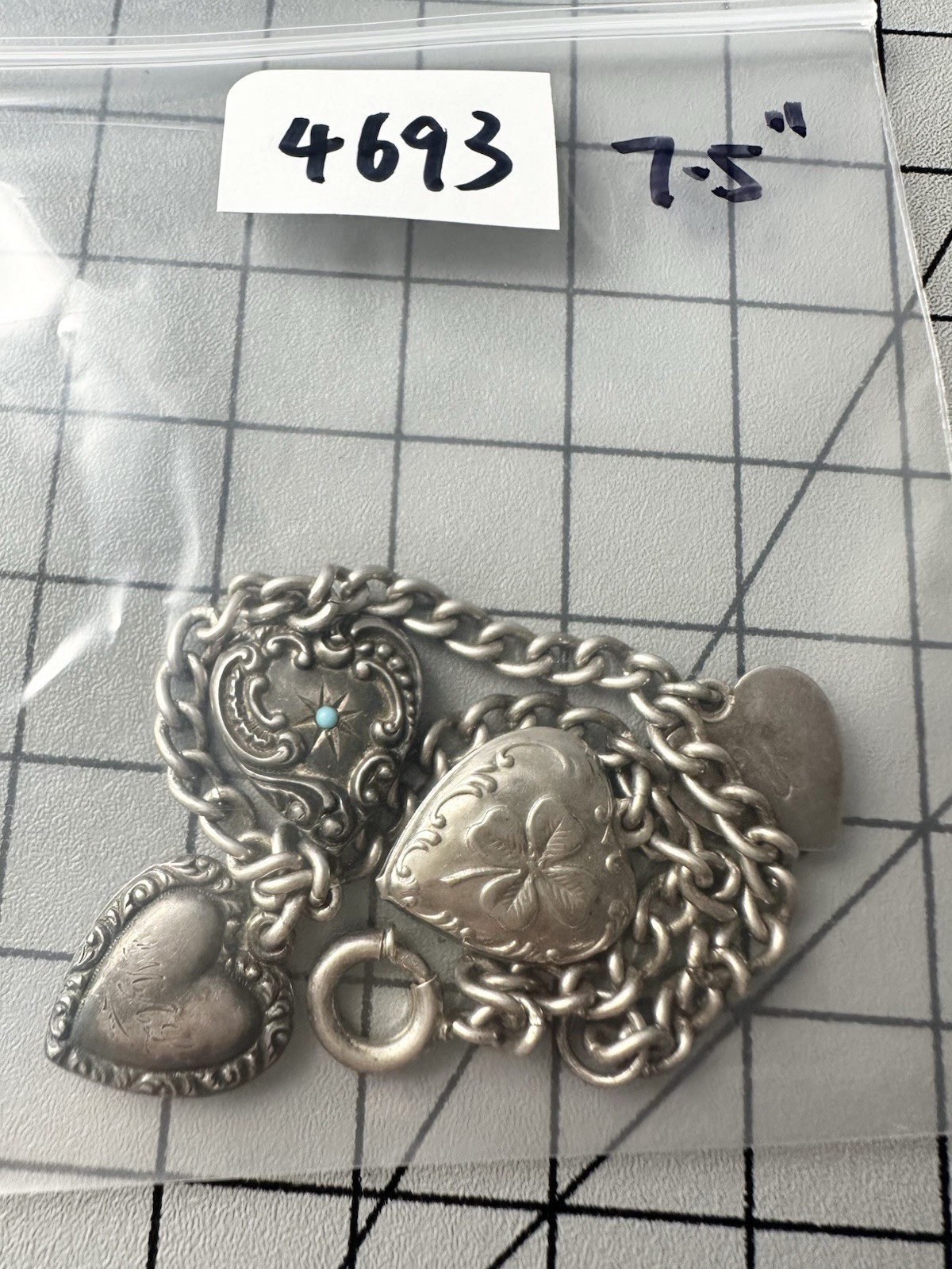 Antique Victorian Sterling Silver Puff Heart Charm Bracelet 7.5”