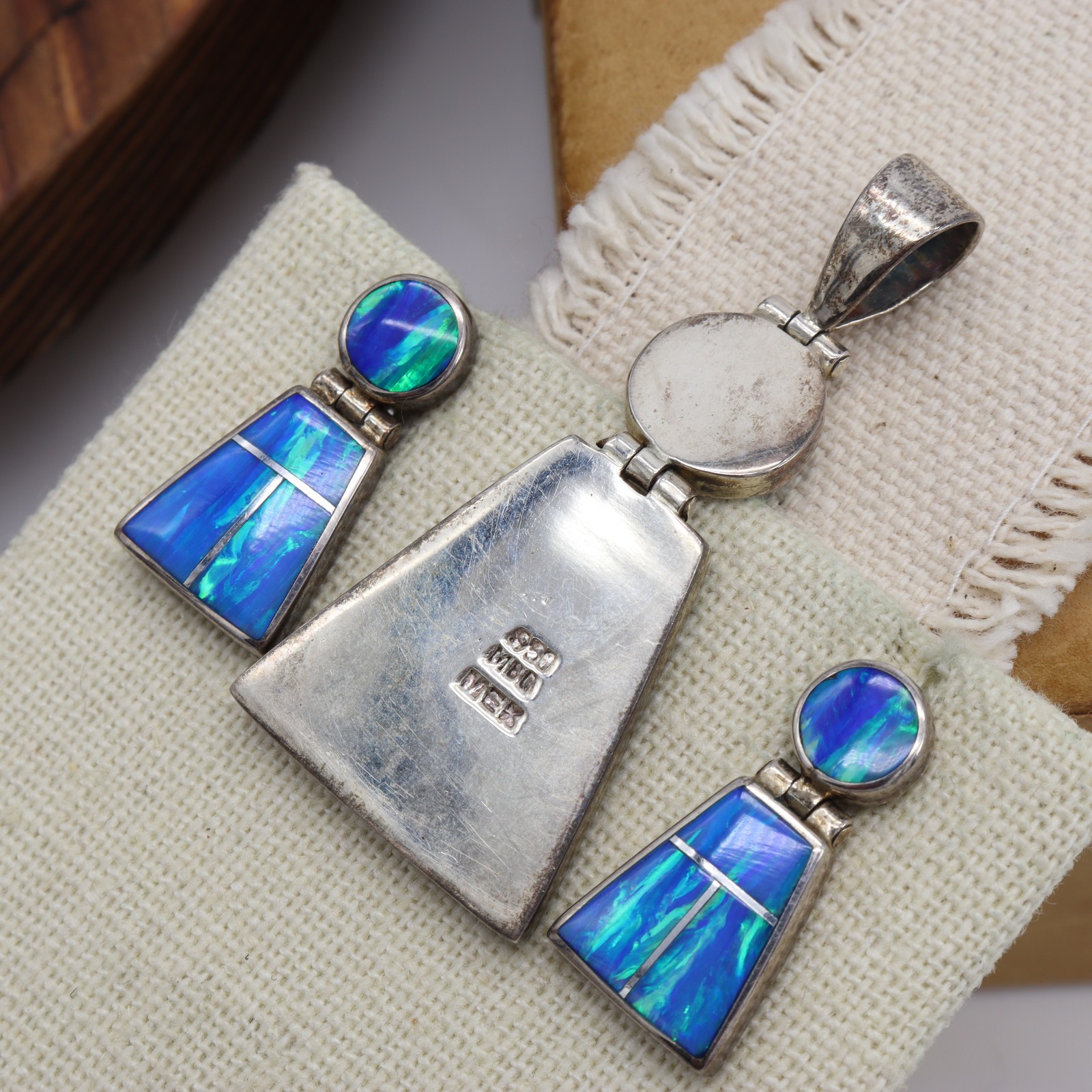 Vtg Sterling Silver 950 Mexico Blue Green Fire Opal Pendant Earrings Set Inlay