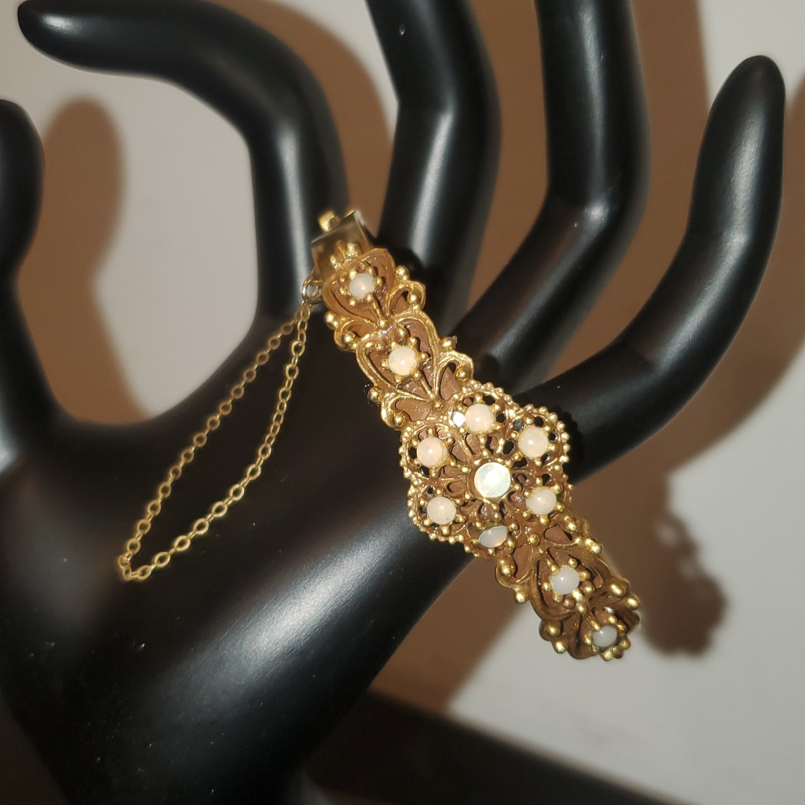Victorian Revival Style Gold Tone Filigree Hinged Bangle Bracelet- 7.75″