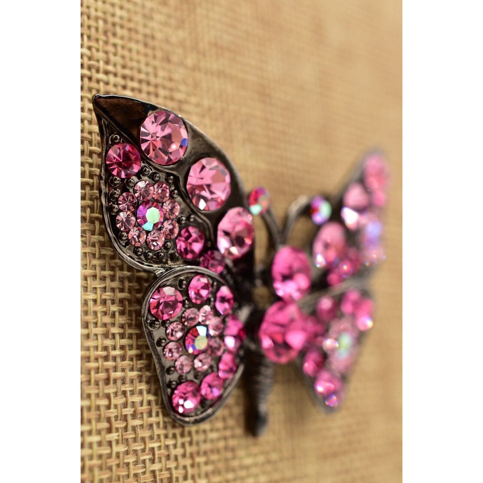 Vintage Crystal Butterfly Pin Brooch Pink Rhinestone Gunmetal Sparkling 90s Bin4