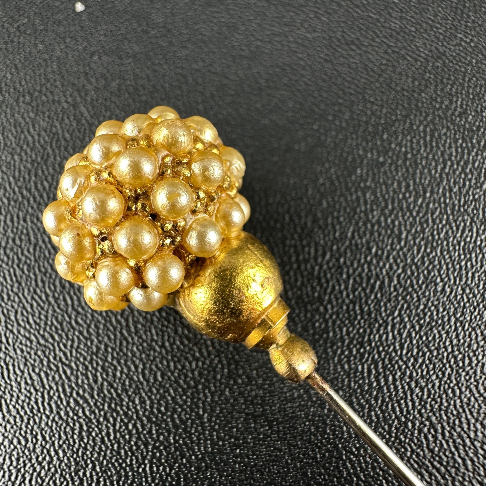 Vintage Hat Stick Pin Gold Tone Faux Seed Pearl Cluster Studded Head 4.25″
