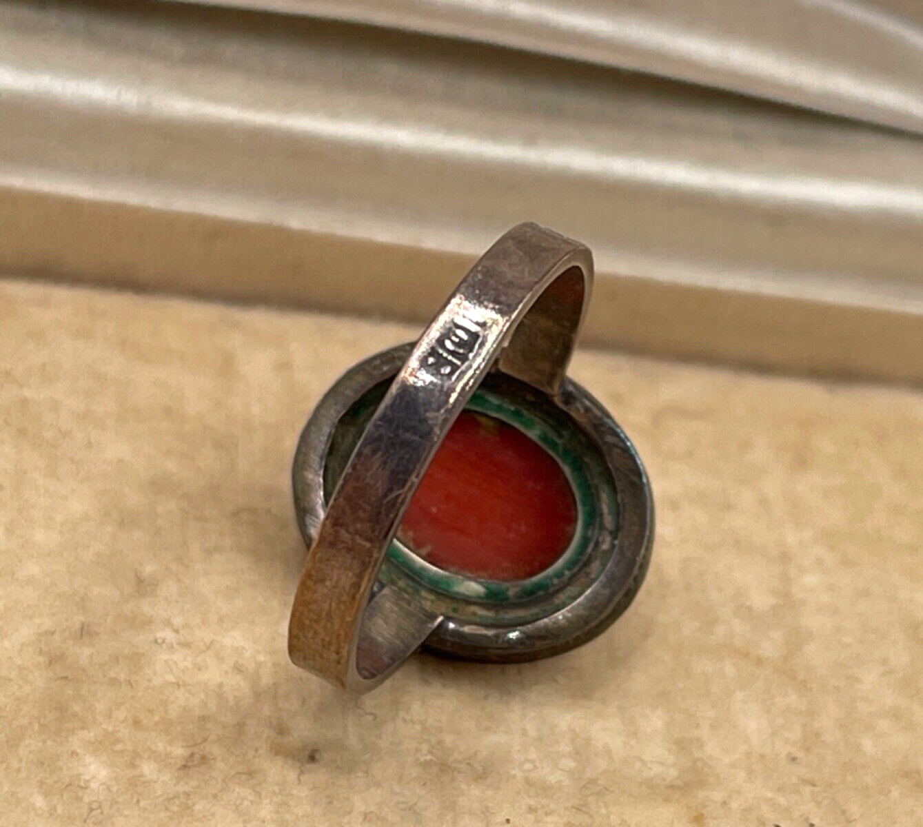 ANTIQUE ART DECO GENUINE CORAL CABOCHON ITALY STERLING SLVR RING MARCASITE HALO