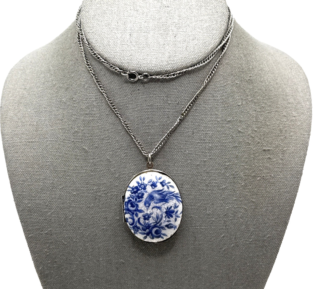 Vintage Guilloche Locket Blue White Enamel Bird of Paradise Floral 24″