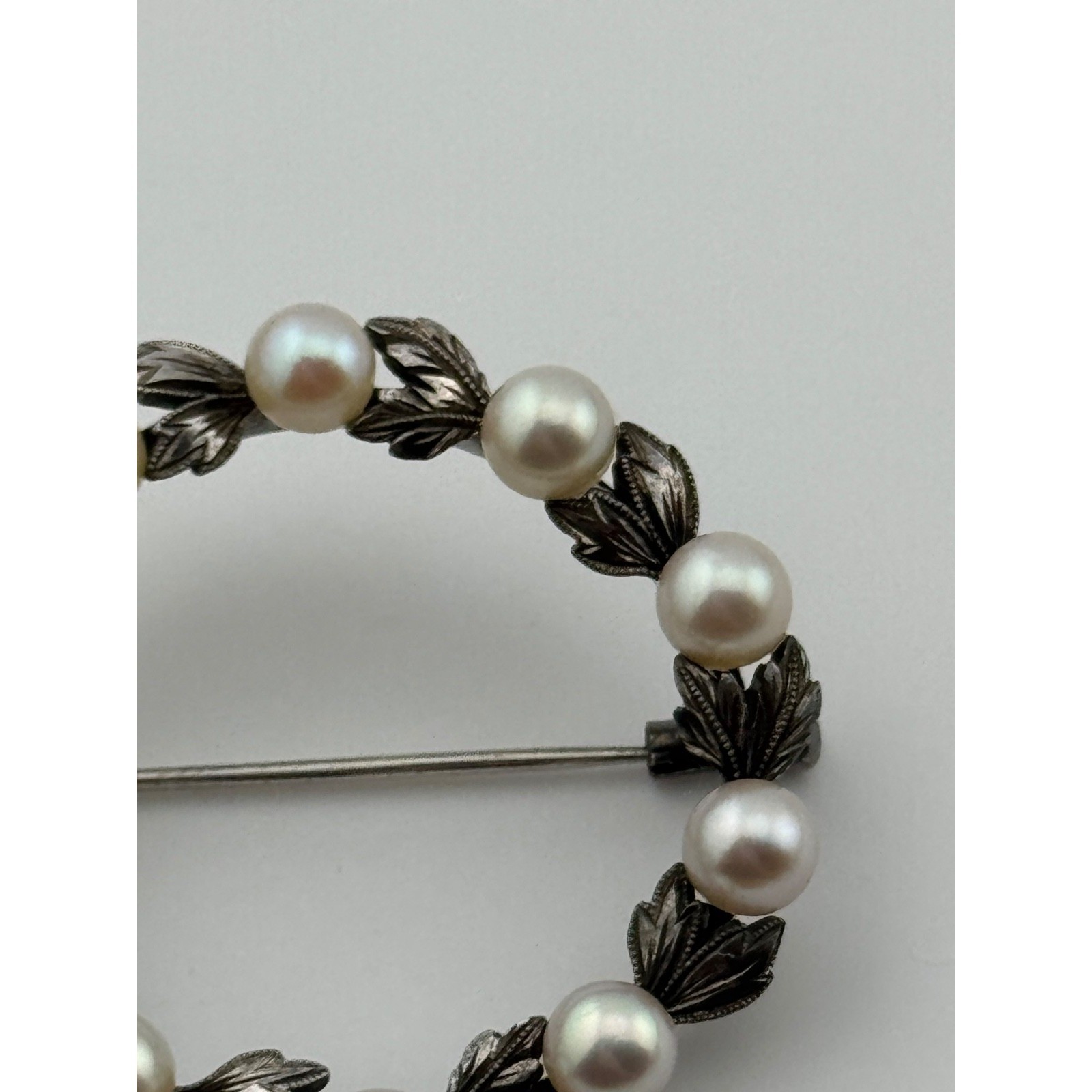Vintage Mikimoto Wreath Brooch Sterling Silver Pearl Leaf Design Pin