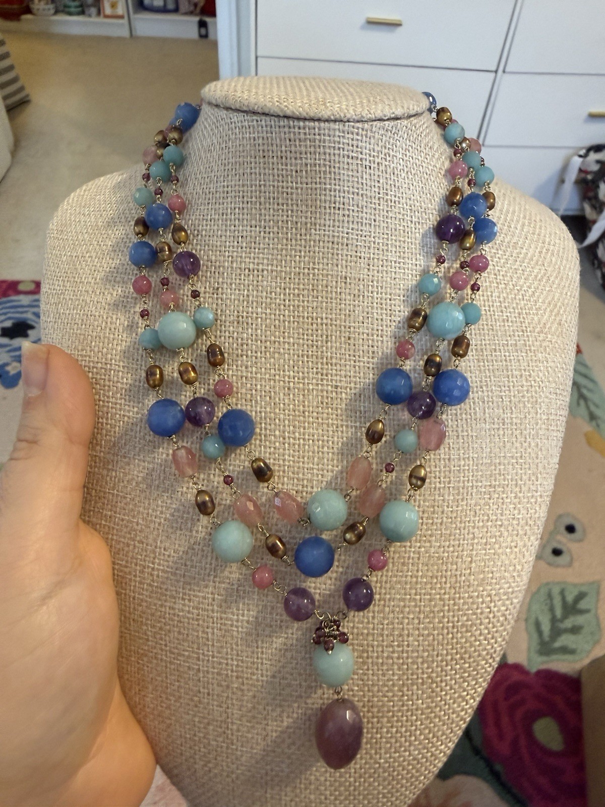 Beautiful Vintage Blue And Purple Beaded Necklace Three Layers Gold Hook Clasp