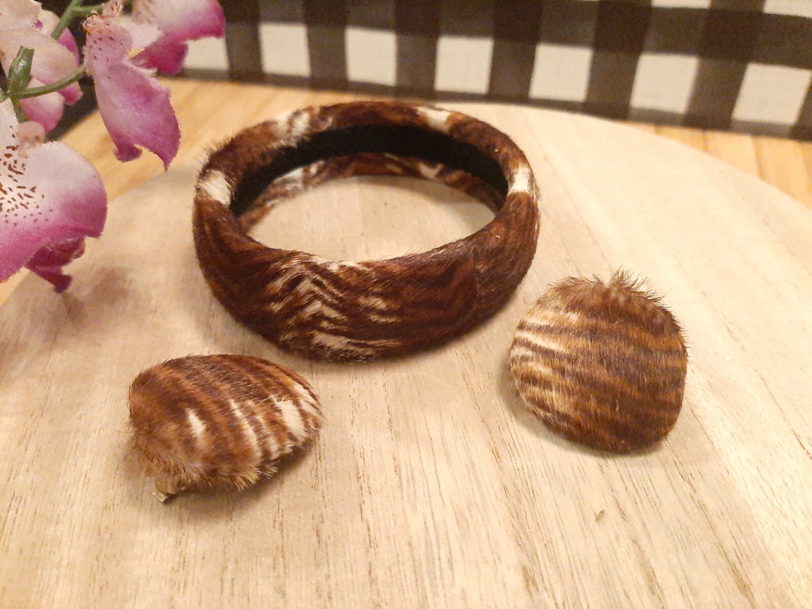 Vintage Faux Fur Animal Print Earrings & Bracelet Set ~ Brown & White Stripes