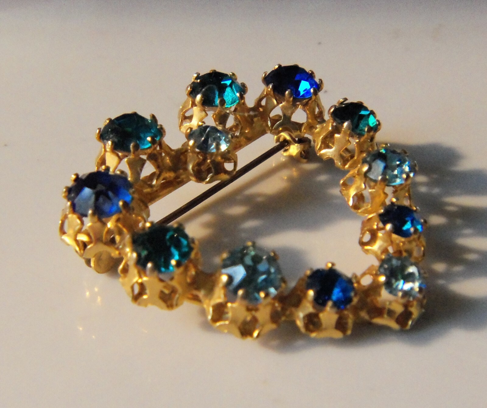 Signed AUSTRIA Light/Dark/Teal Blue Crystal Rhinestone Heart Pin
