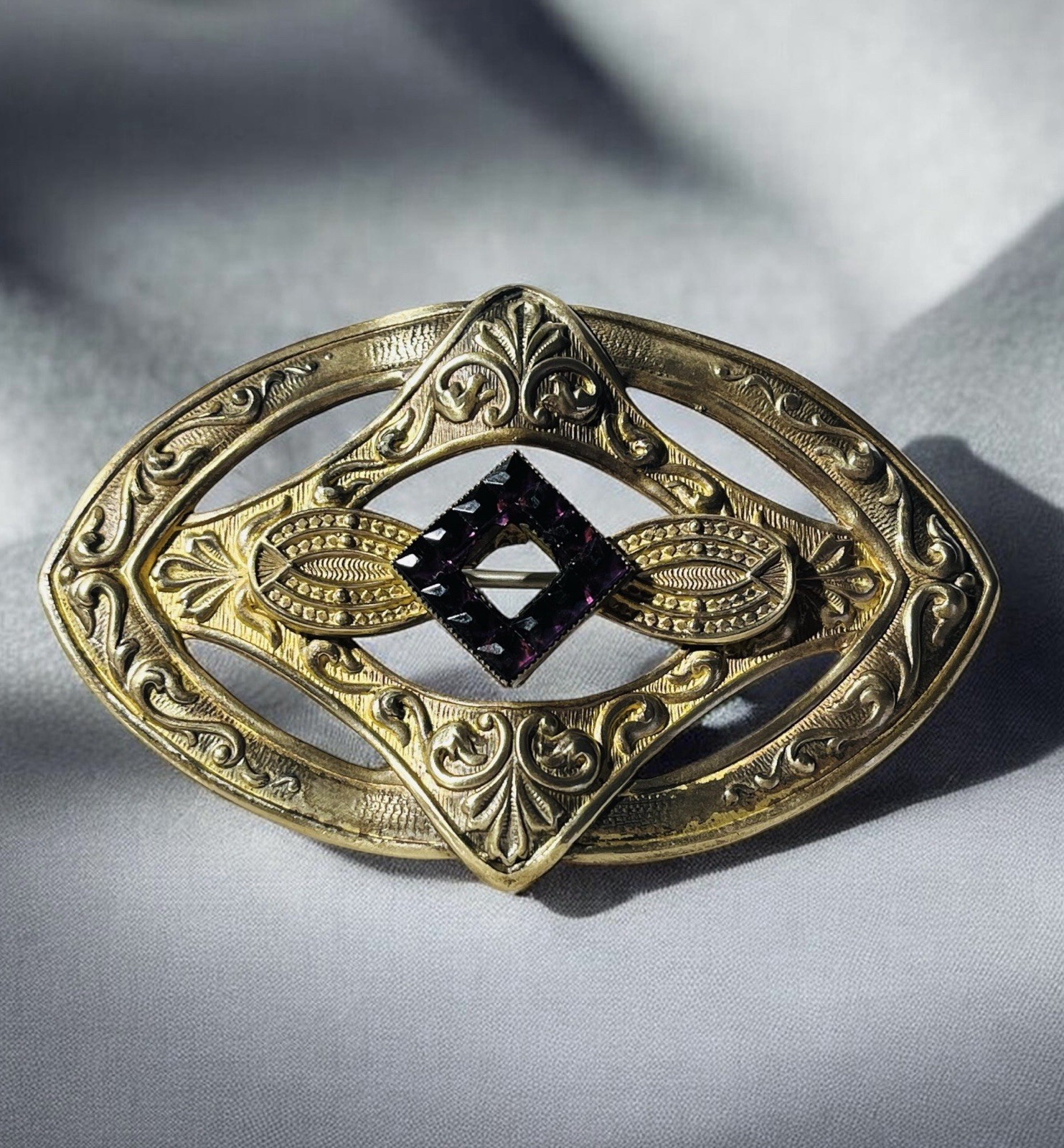 Antique Repousse Brooch Purple Glass Squares Gold Washed Brass Sawtooth C Clasp