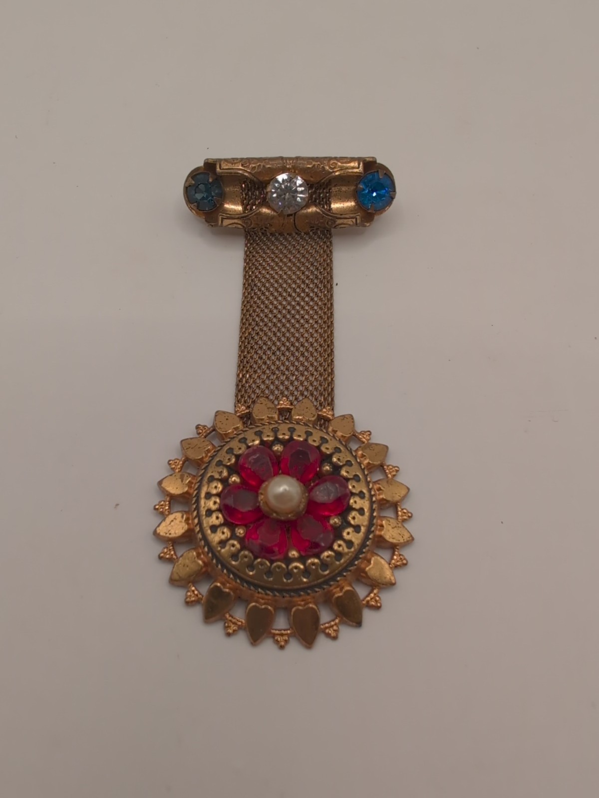Antique Victorian Mesh & Rhinestone 2 Piece Brooch/ Pin Red White & Blue Hearts