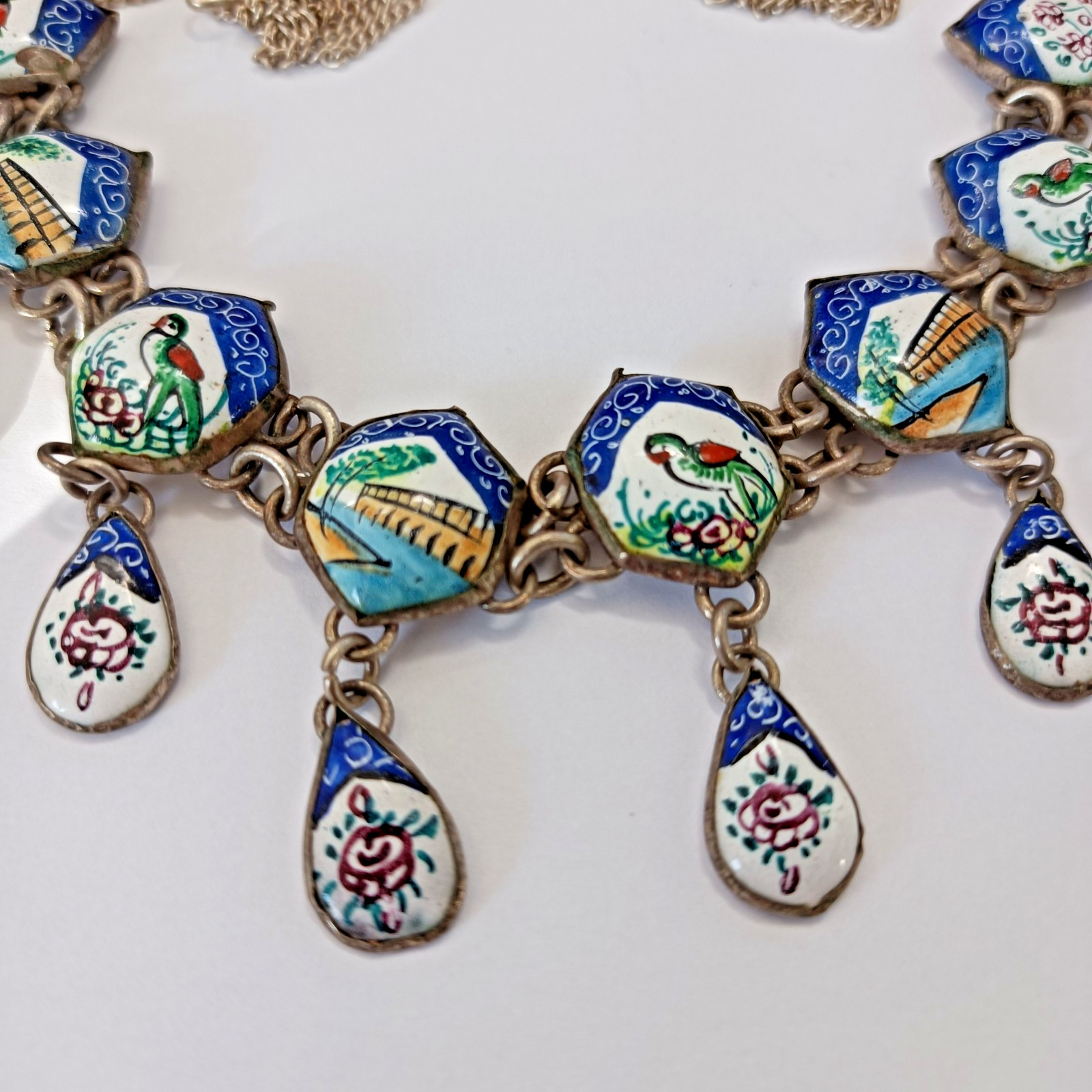 Boho Folk Art Middle Eastern Enamel Chandelier Necklace Blue Birds Landscape VTG