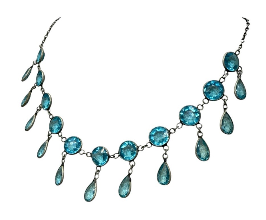 Antique Edwardian Deco Czech Festoon Drapes Faux Aquamarine Glass Necklace