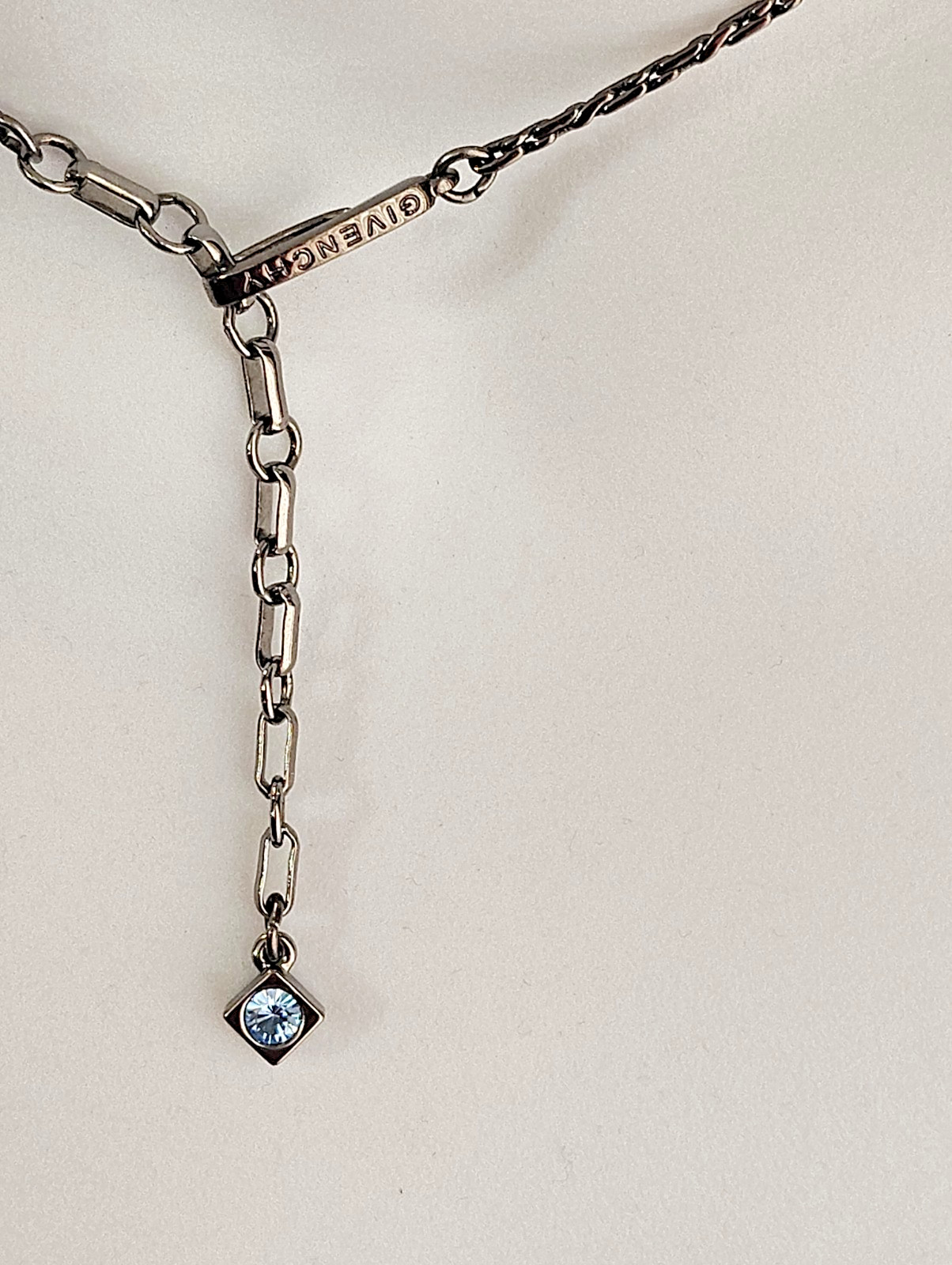 Vintage GIVENCHY Y-Drop Gunmetal & Blue Crystal Rhinestone Necklace 15″ – 17″