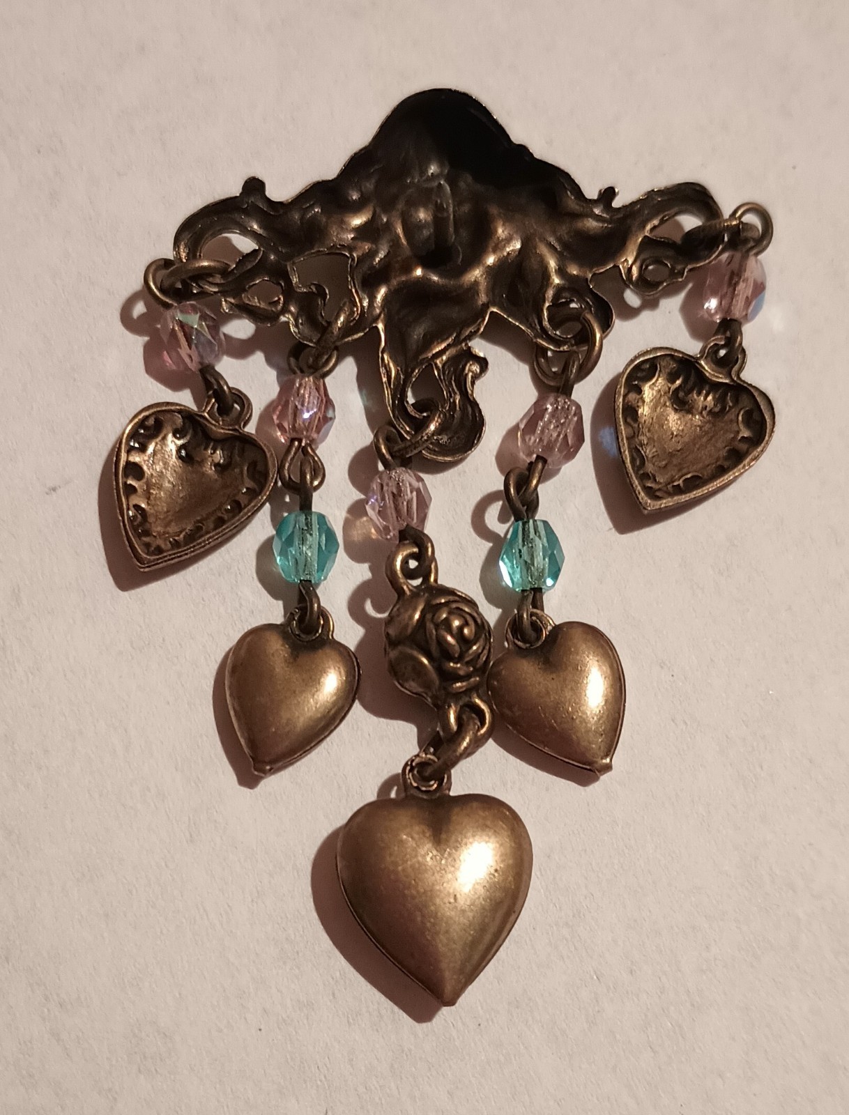 Sweet Romance Vintage Victorian Medusa W/Dangling Beads & Heart Charms Brooch