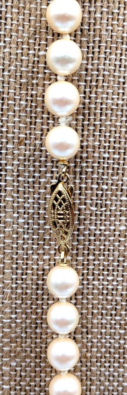 28 inch faux pearl necklace knotted with fish hook clasp unmarked vintage