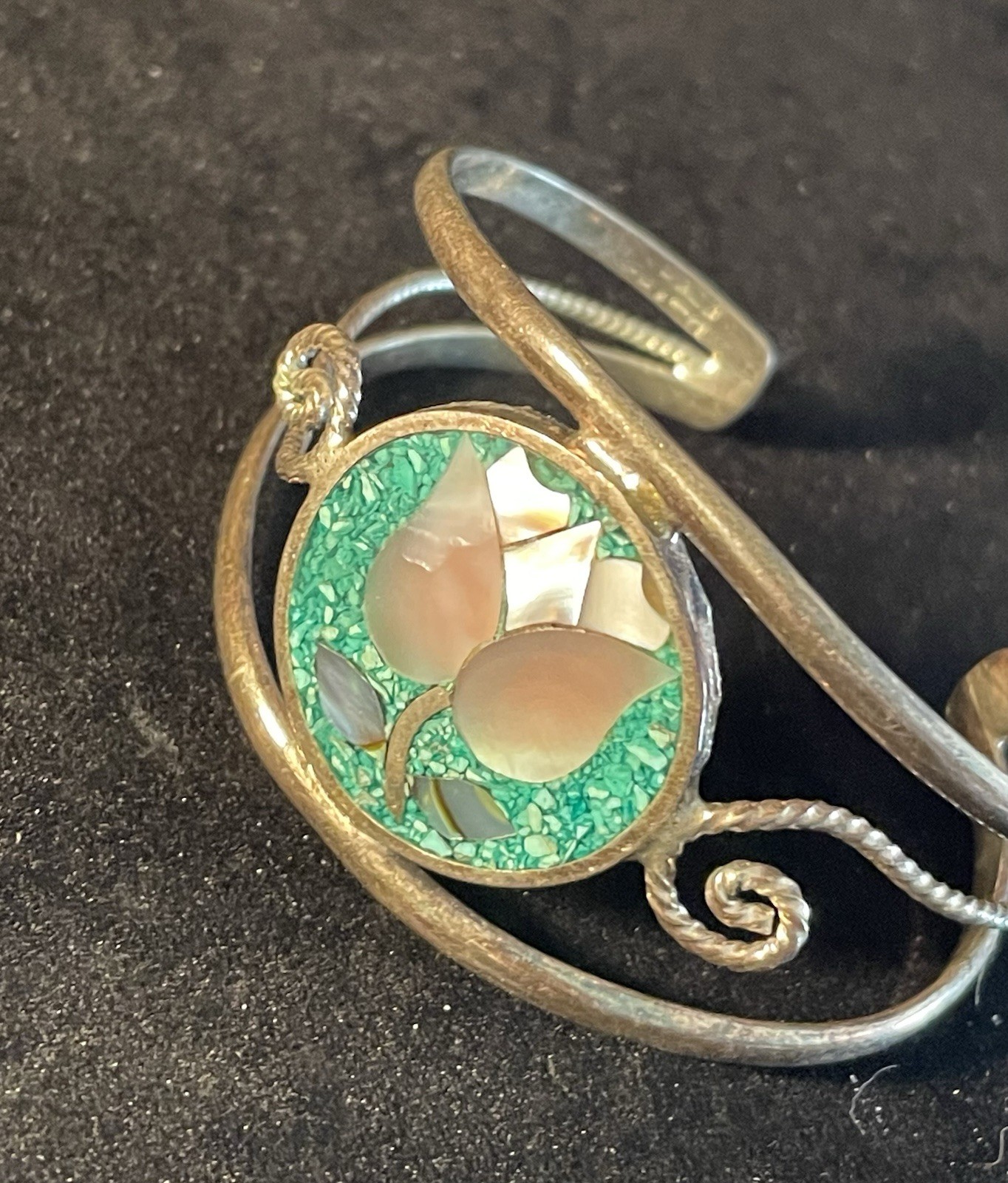 Vintage Alpaca Mexico Silver-Tone Mixed Metal Turquoise Small Cuff Bracelet