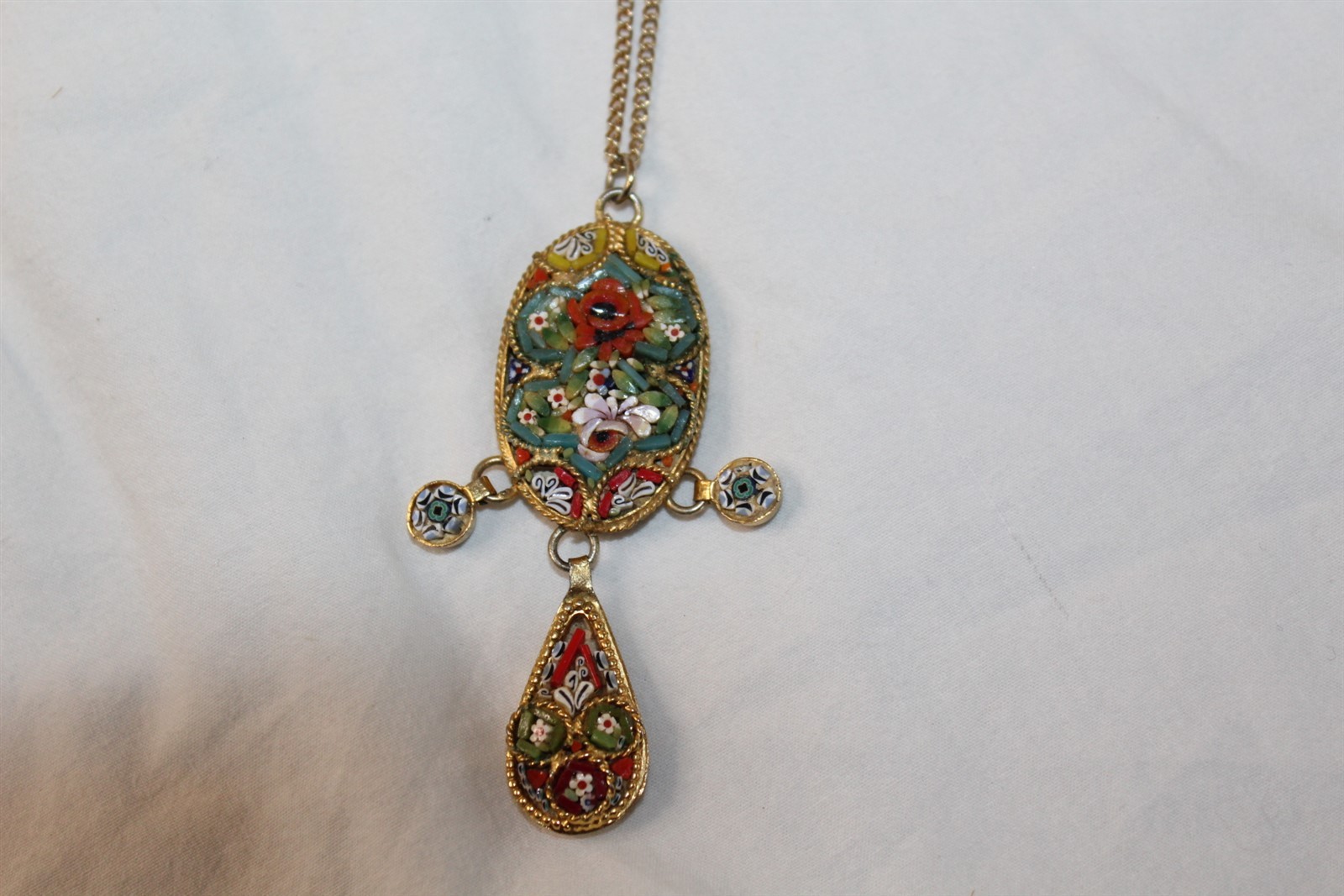 Pendant Necklace Stamped Italy Intricate Multi-Color Stone Shell Inlay Vintage