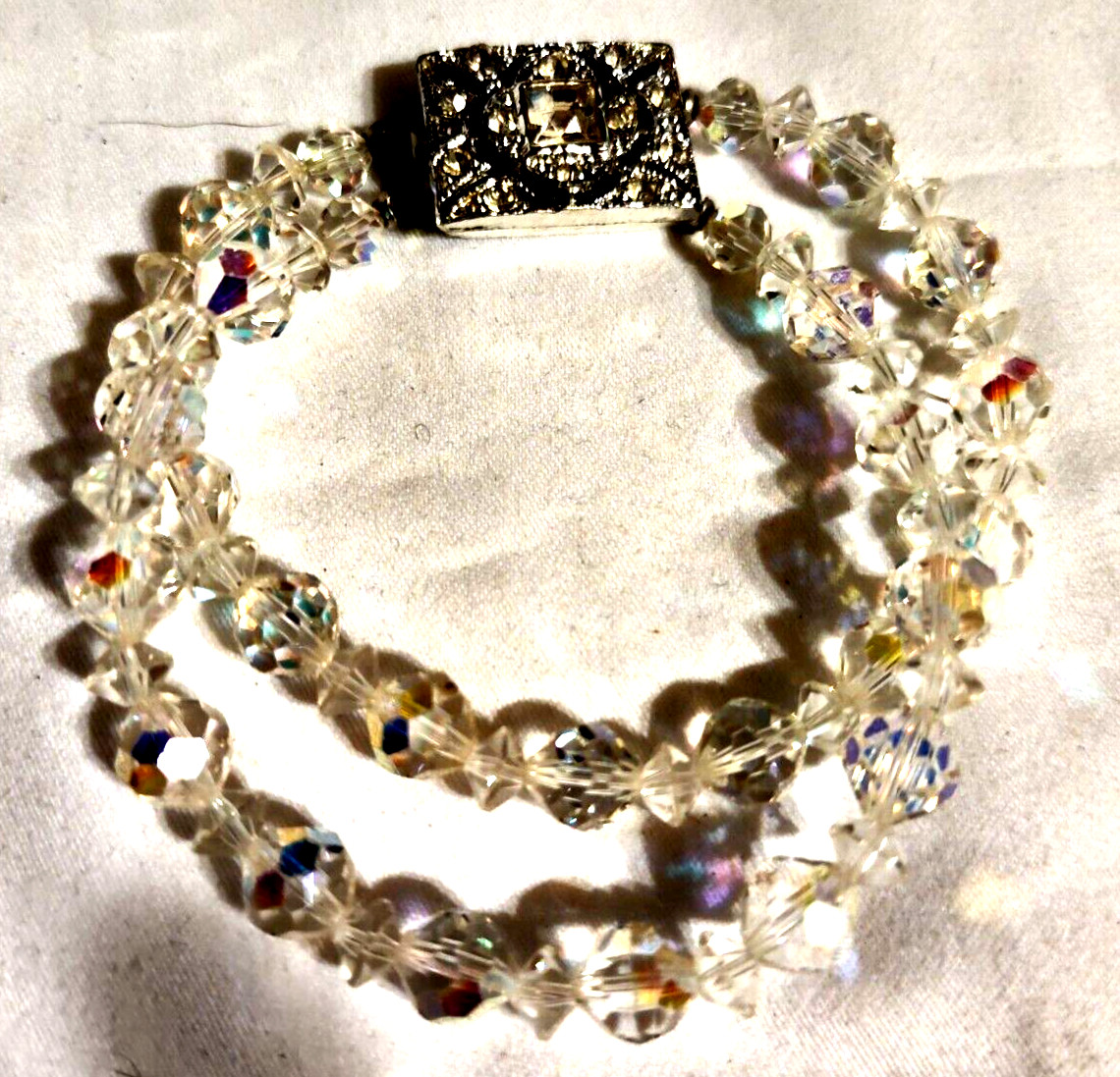 Bracelet Clear Faceted Crystal Beads Safety Pinch Clasp Double Strand VTG