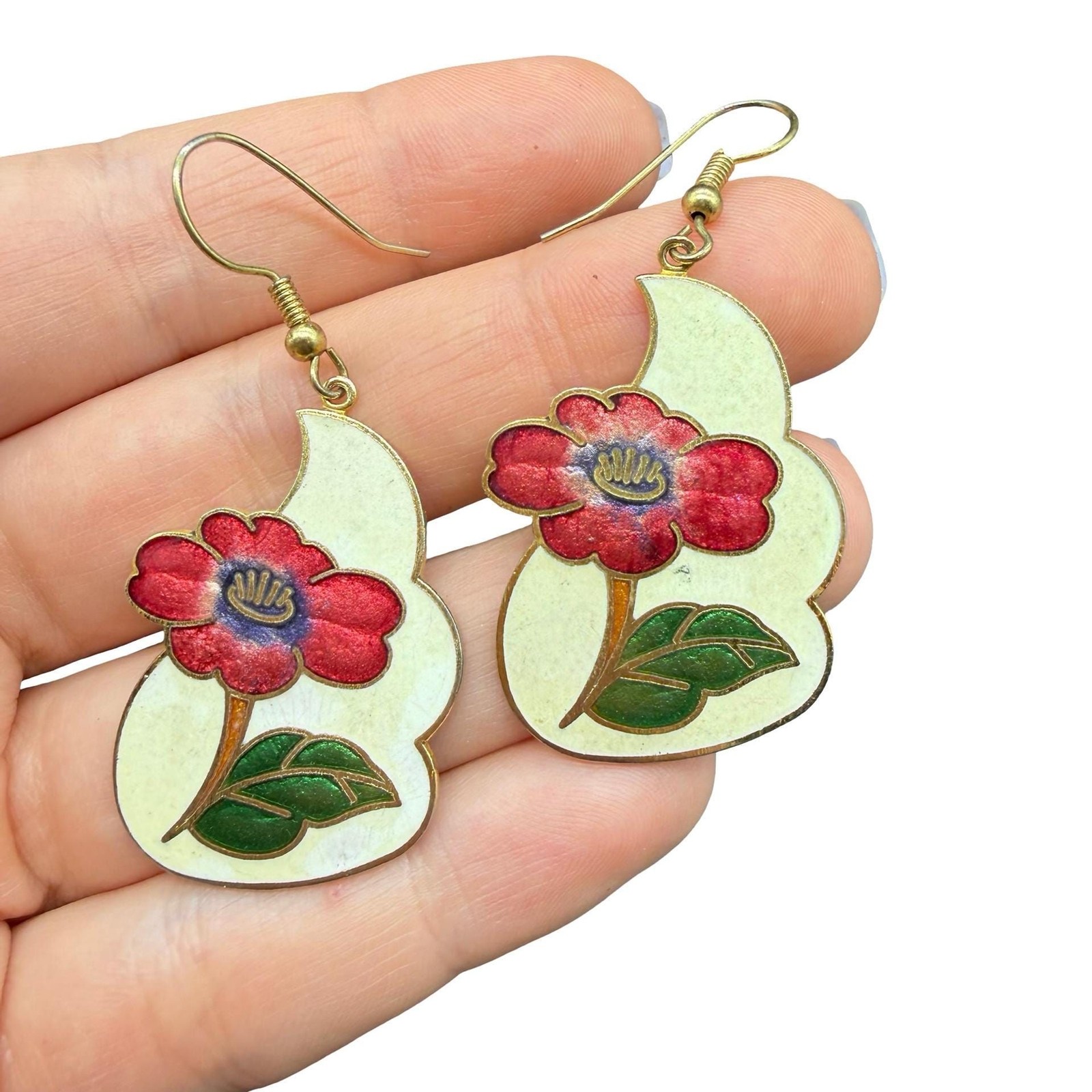 Vintage Jewerly Poppy Flower Cloisonne Earrings Red Floral Earrings