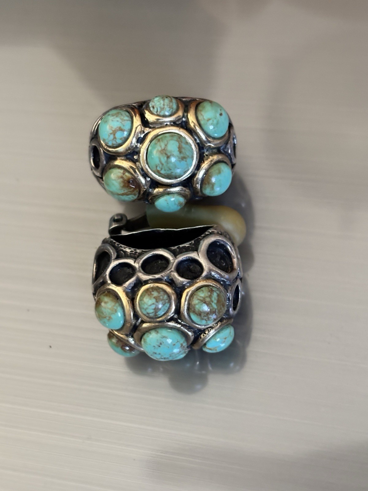 RARE DIAN MALOUF STERLING SILVER 14K Gold Turquoise Clipon Earrings 40 Grams