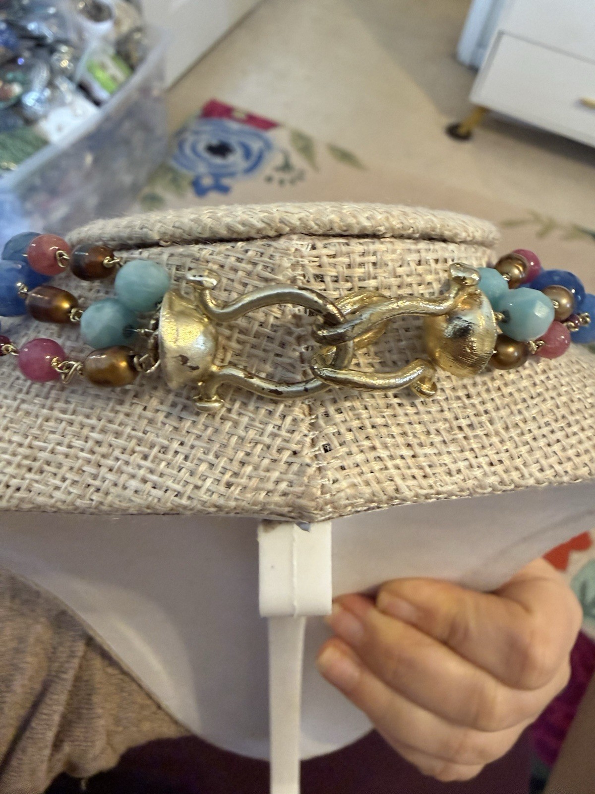 Beautiful Vintage Blue And Purple Beaded Necklace Three Layers Gold Hook Clasp