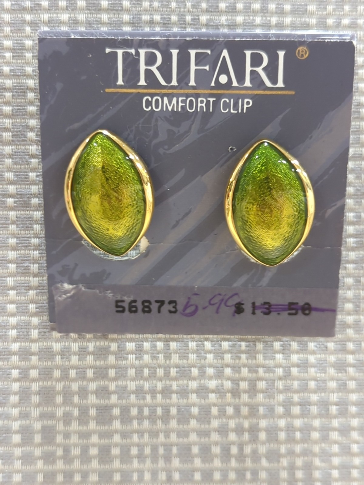Vintage Trifari Comfort Clip Lime Green Enamel & Gold Oval Clip on Earrings NOS