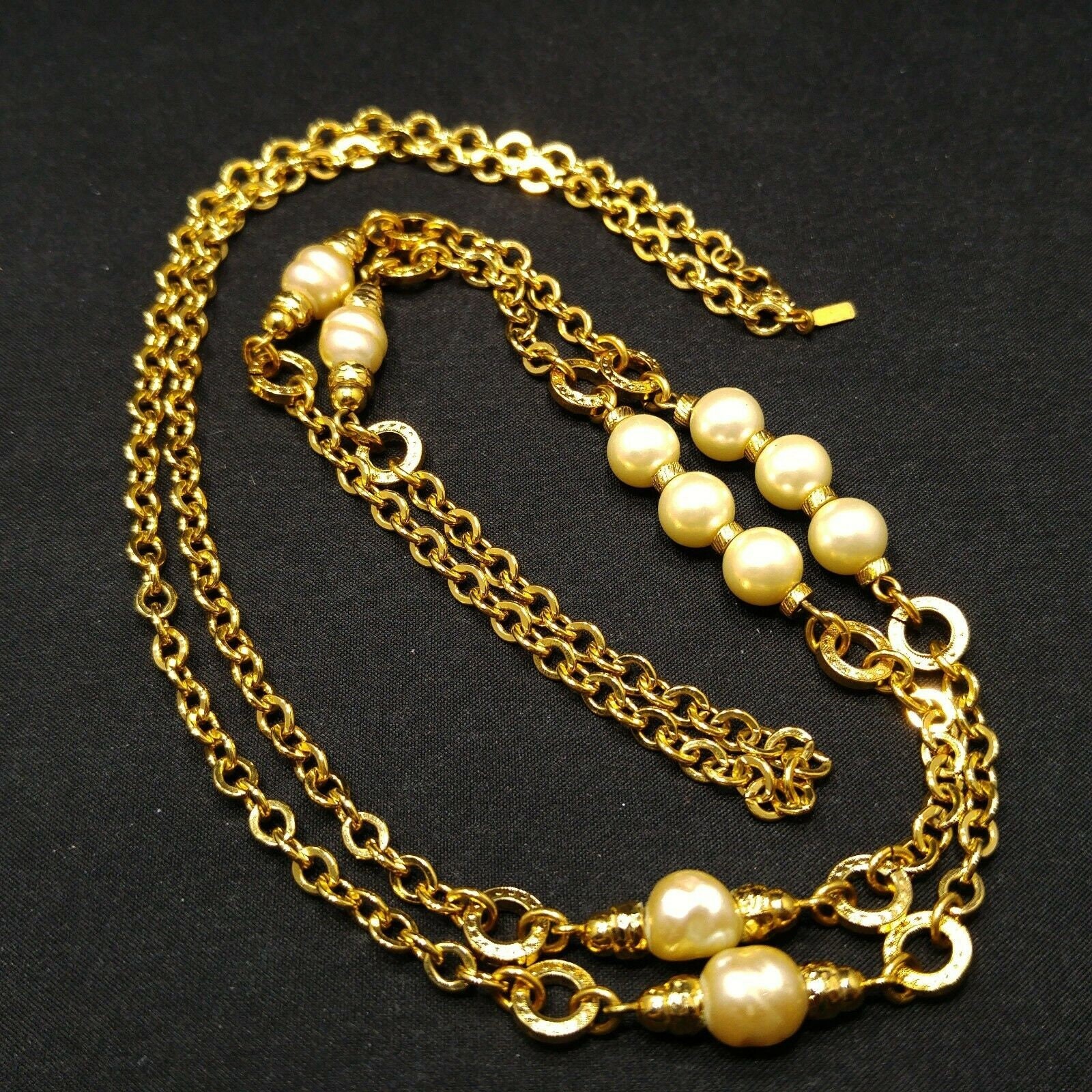 Vintage Monet Long Gold Chain Necklace Faux Pearls 1970s Sister Clasp 36″