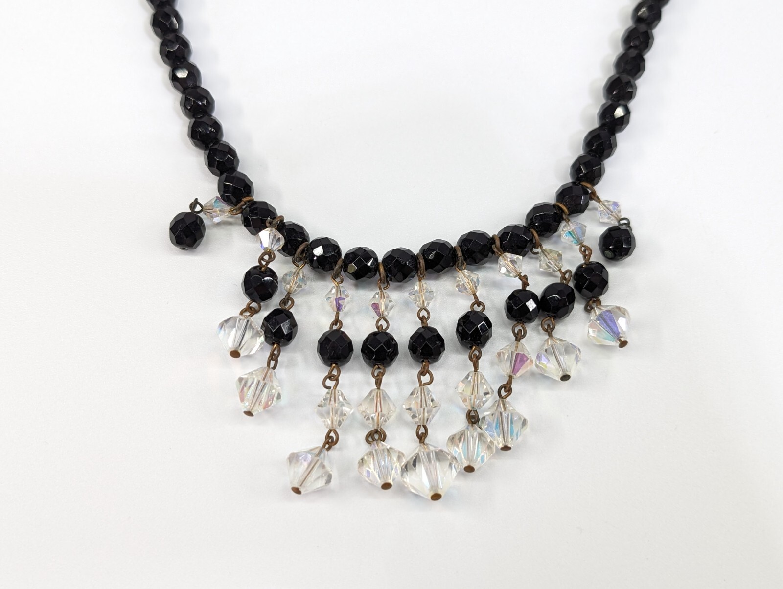 Vintage Black Glass Faceted AB Crystal Fringe Beaded Bib Statement Necklace
