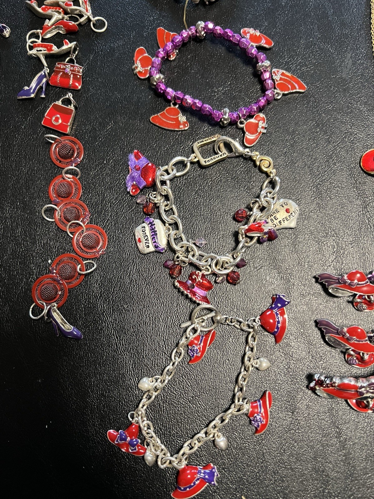 Red Hat Society Jewelry Lot Of 54 Brooches Bracelets Watch Necklaces Charms Box