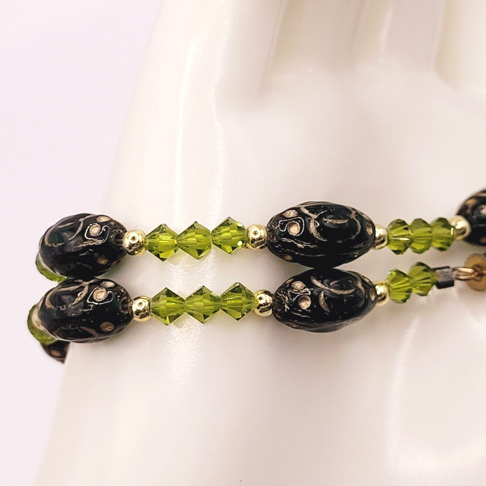 Green Art Glass Crystal Vintage Necklace Light & Dark Green Shades Gilded Beads