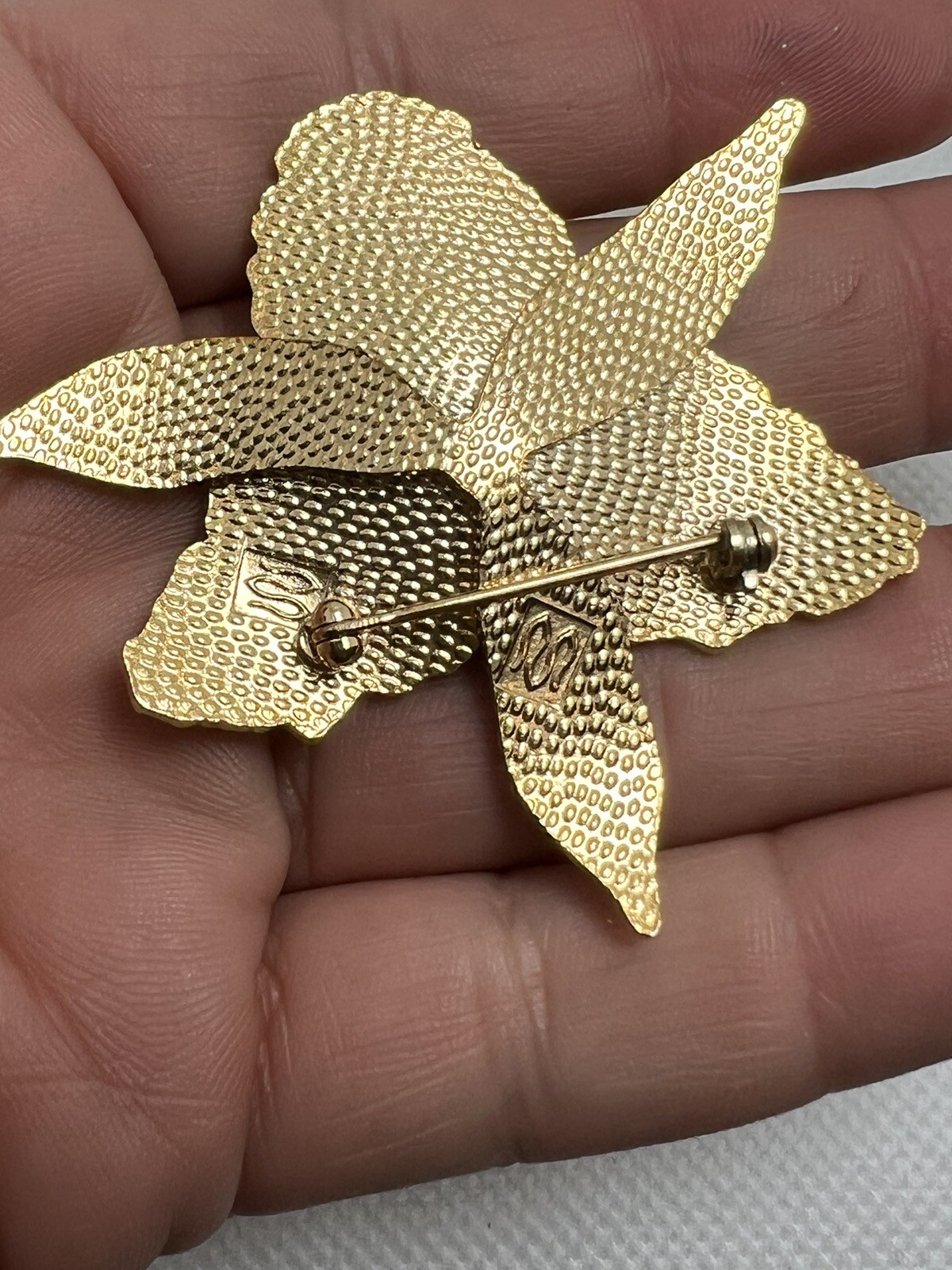 Large Gold Tone & Purple Enamel Orchid Brooch Pin STATEMENT PIECE signed M jewel