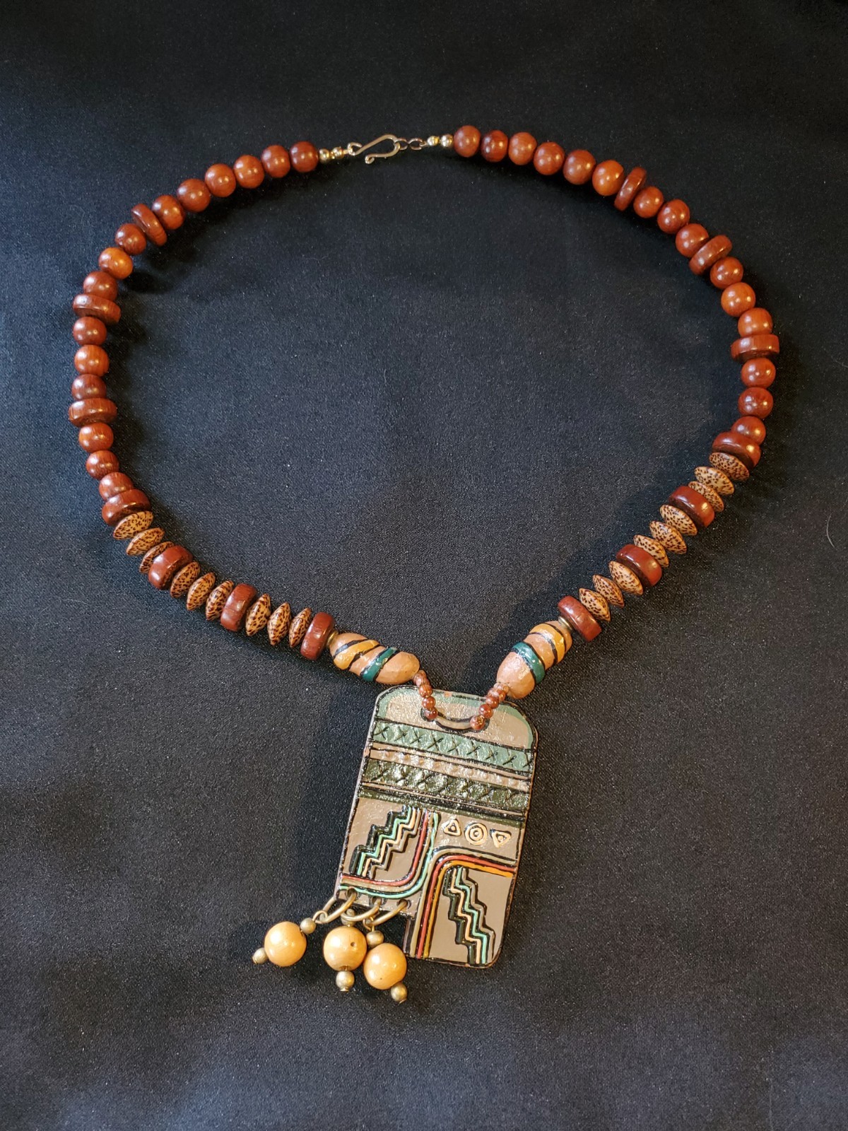 Vintage Southwest Wood and Ceramic Necklace Pendant