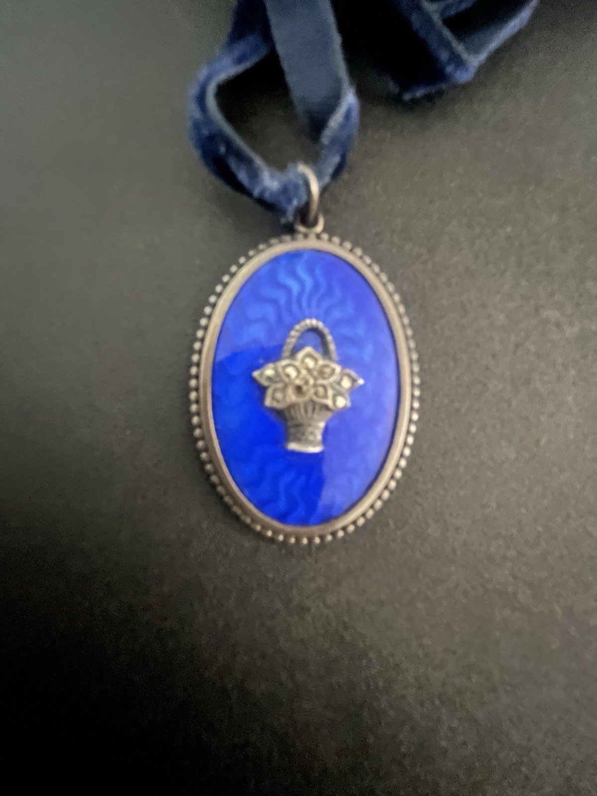 Antique French Victorian Blue Pendant – Velvet Ribbon – Floral Basket Motif