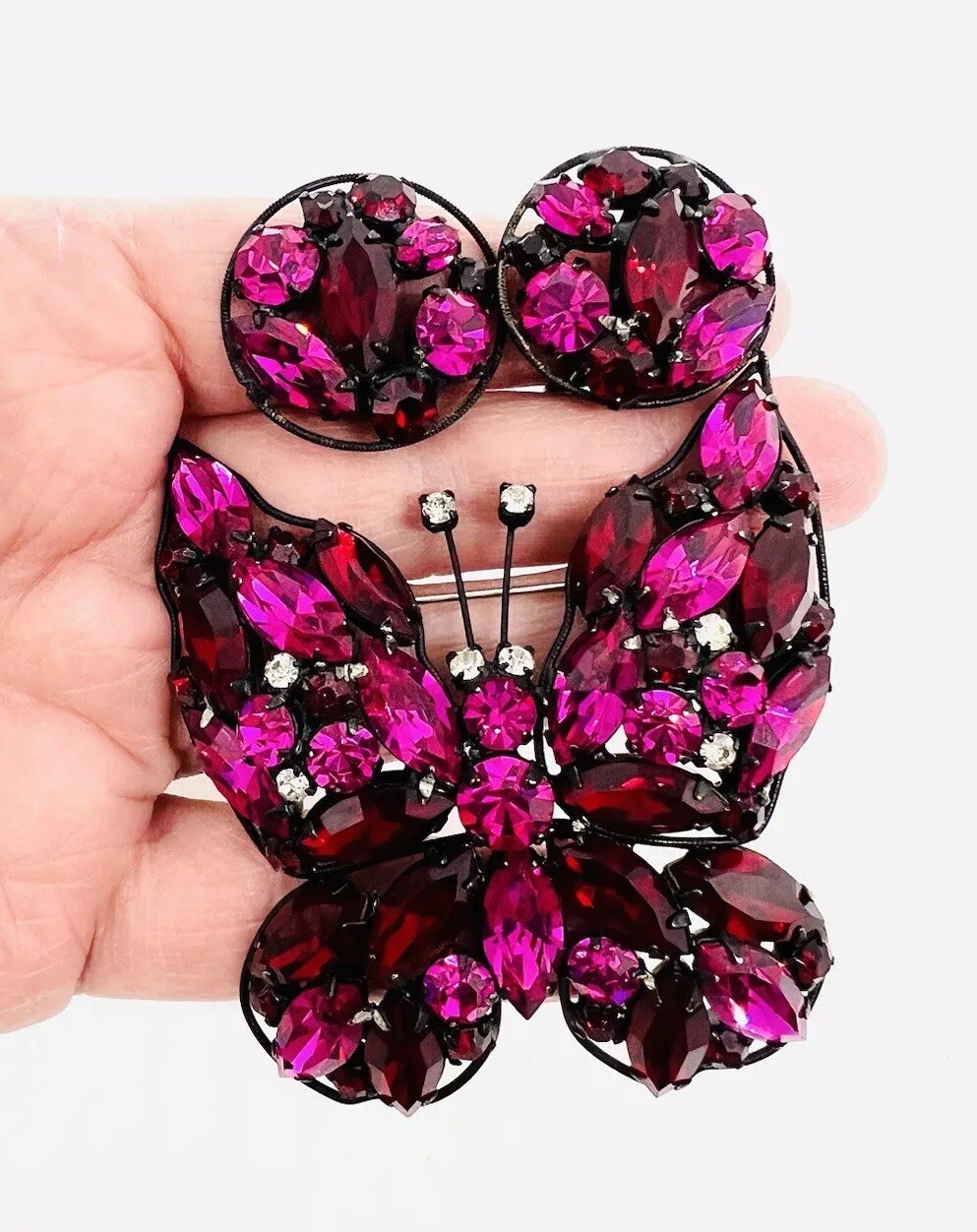 LaRoco Fuchsia & Red Rhinestone Butterfly Brooch Earrings Signed Vintage Jewelry