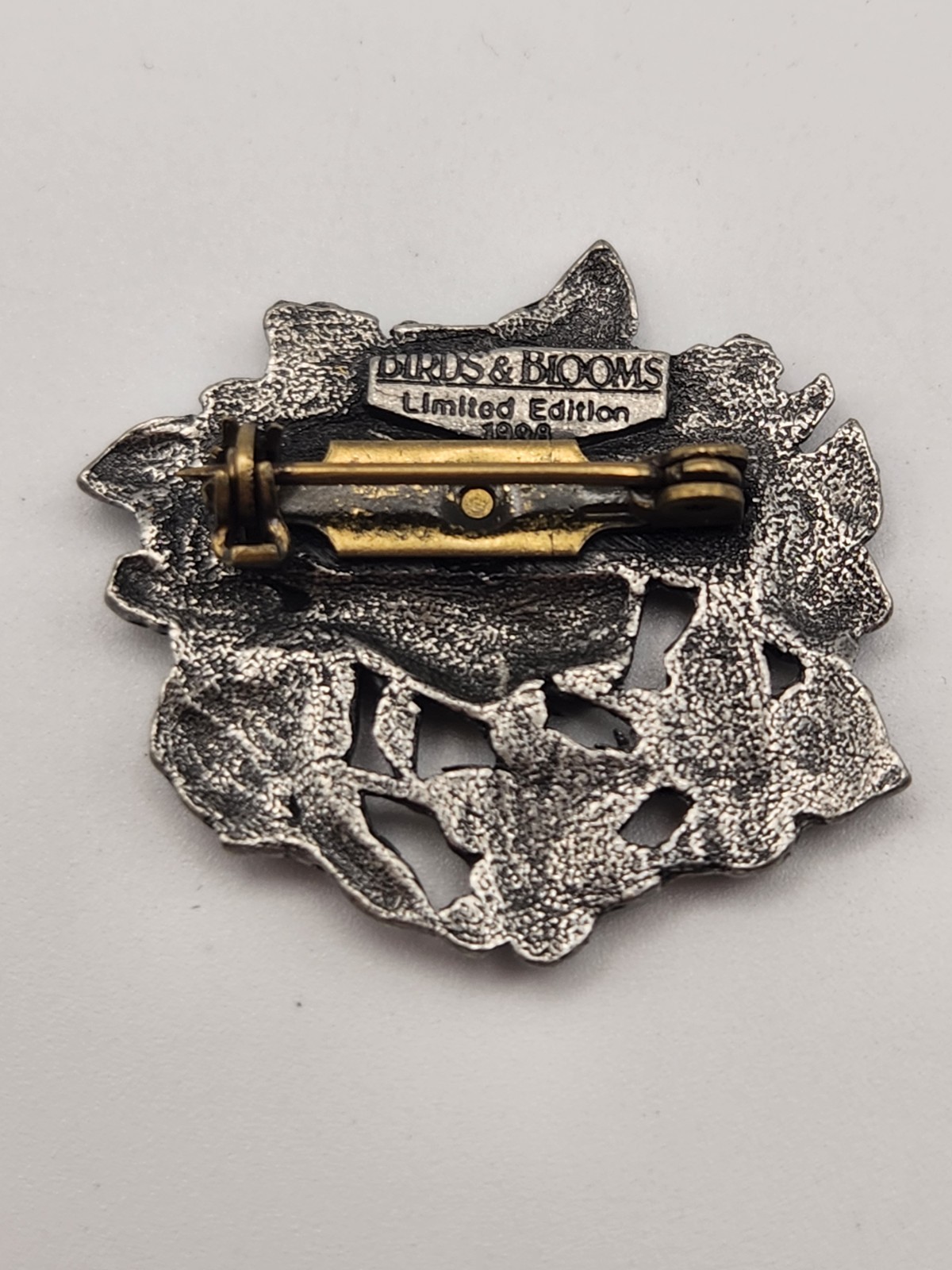 Vintage pewter Birds and Blooms limited edition butterfly brooch pin