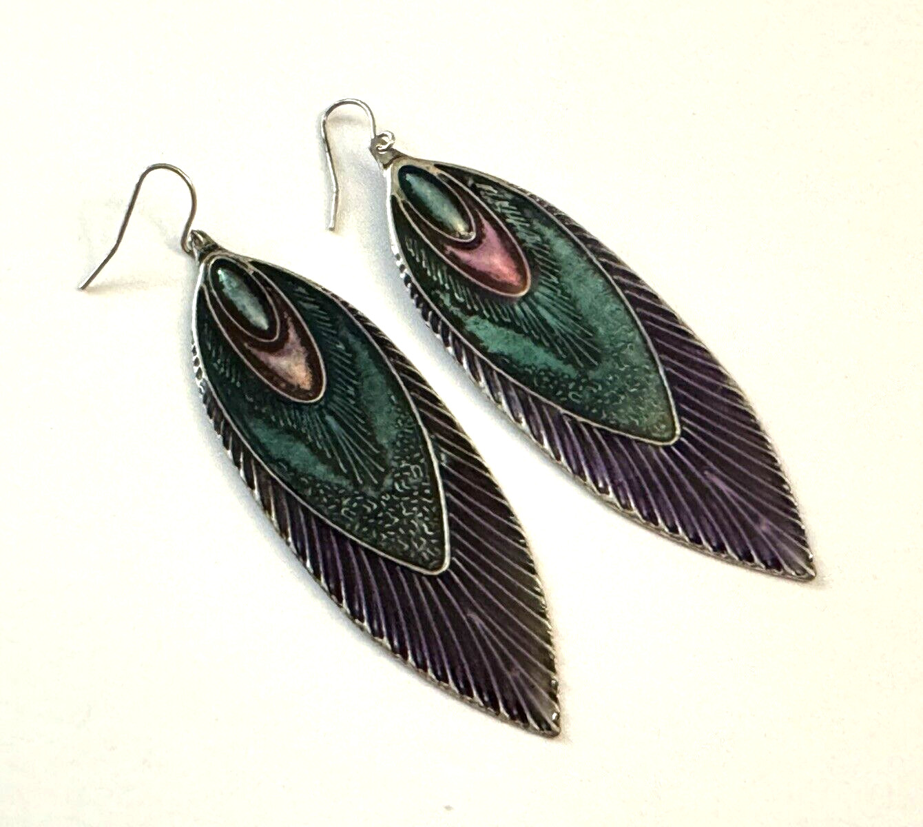 Peacock Design Green Purple Pink Enamel Feather Dangle Pierced Earrings Estate