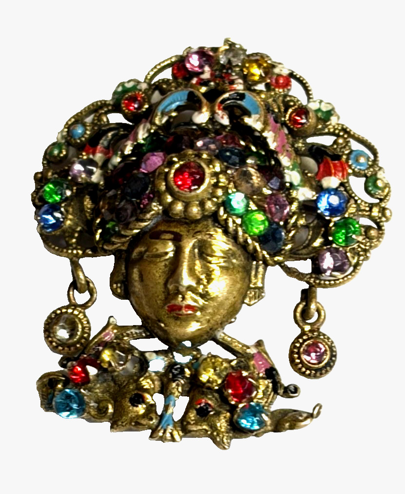 Antique Czech Art Deco Bohemian Glass Filigree Enamel Brooch Turban Sultan 1920s