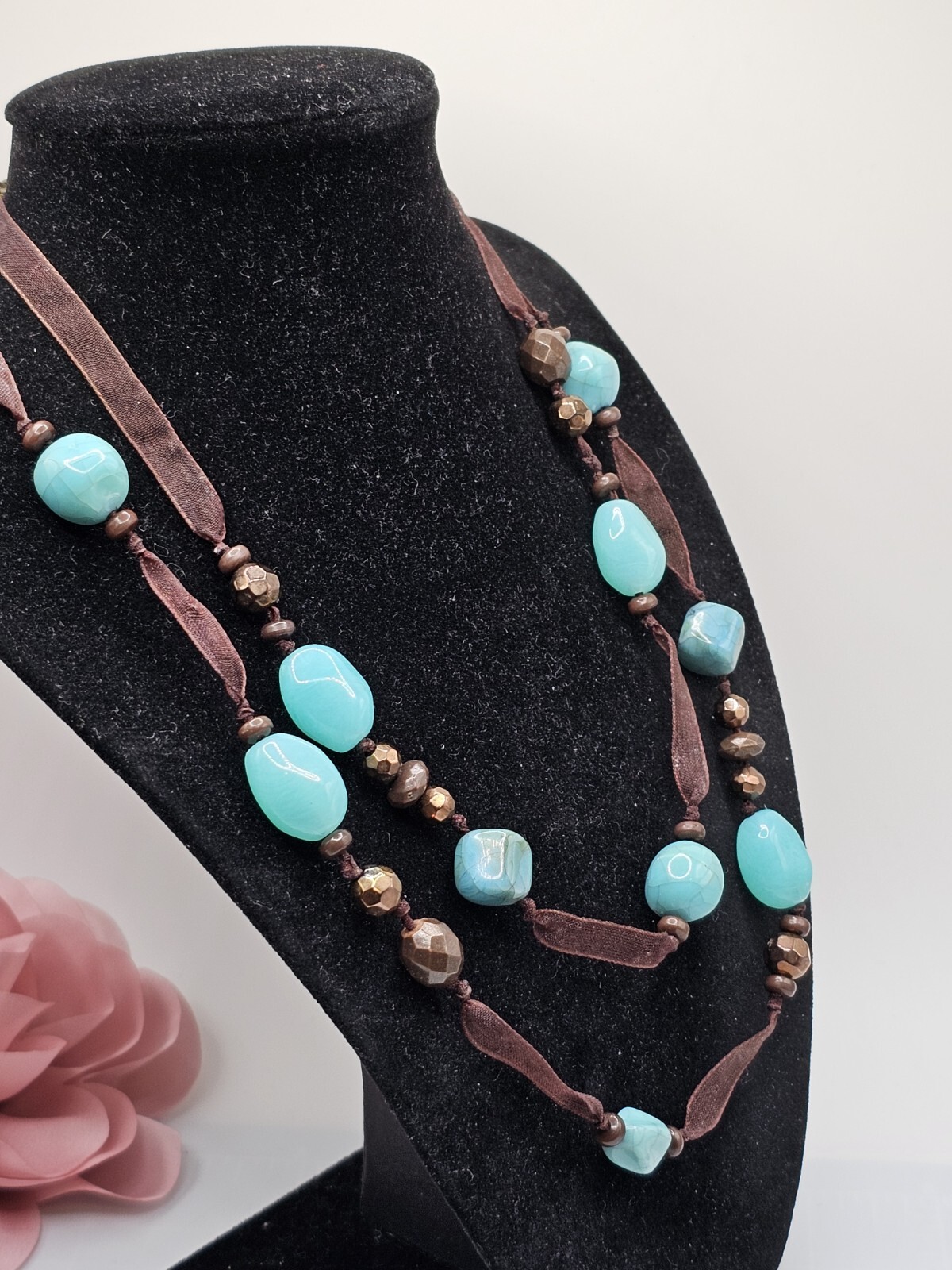 Vtg Cookie Lee Necklace Brown Ribbon Faceted Beads Blue Simulated Stone Bead 37″