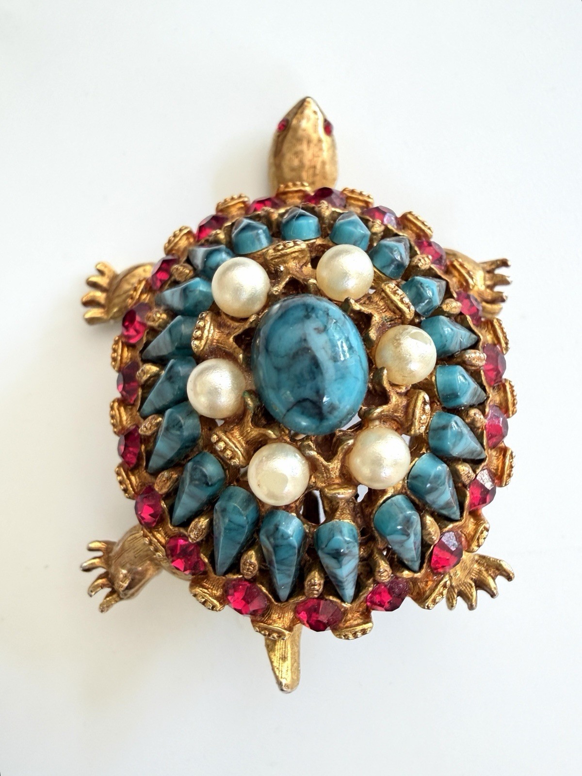 HAR Turtle Brooch Pin Rare Mid Century Turquoise Tiered Rhinestone Statement!!