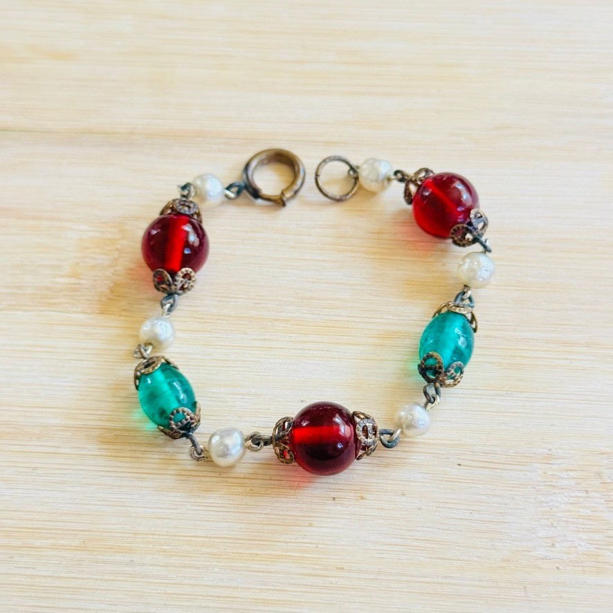 VTG Chunky Gripoix Style Glass Cabochon Pearl Bracelet Brass Statement Boho 7″