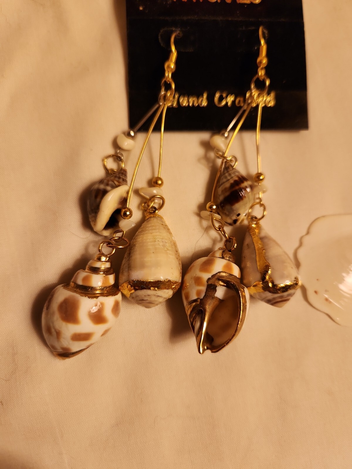 Vtg Sea shell gold trim foil natural estate Dangle Earrings 4″ Jewelry Lot of 2
