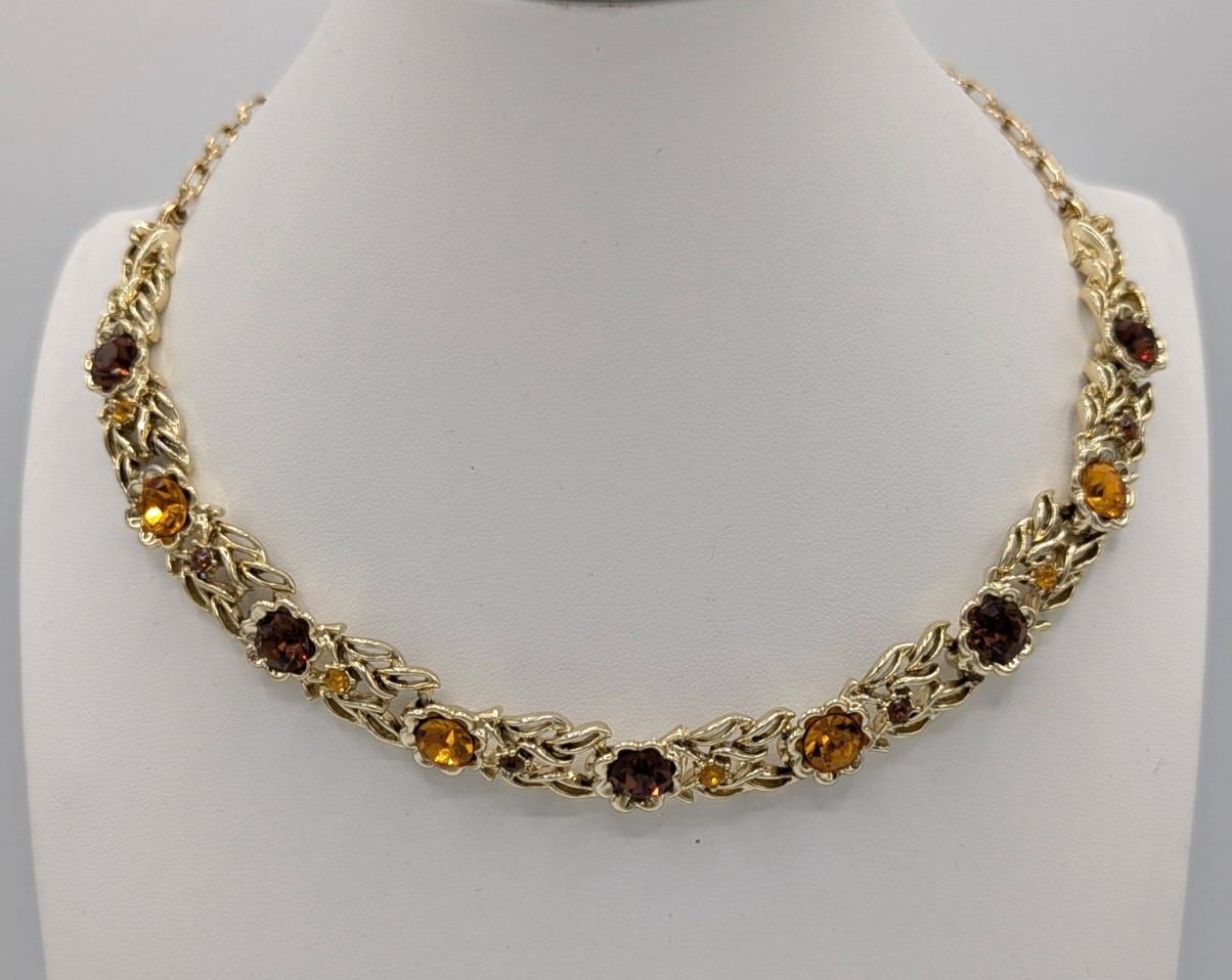 Vintage Coro Rhinestone Necklace Fall Colors Gold Tone Leaves Choker NOS Tag